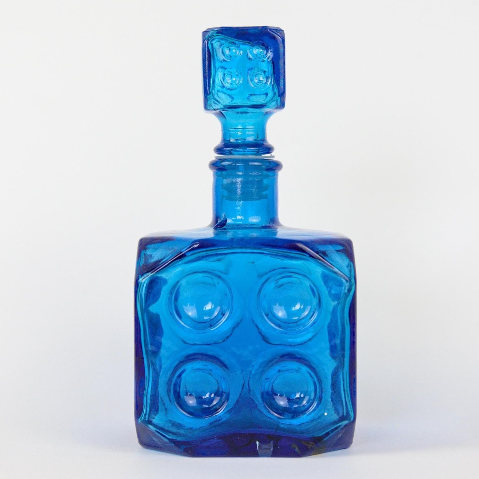 Empoli Italian Blue Glass Decanter, Cube Form, Bubble Relief, Dice Stopper, 1960s Mid-Century Art Glass Italy