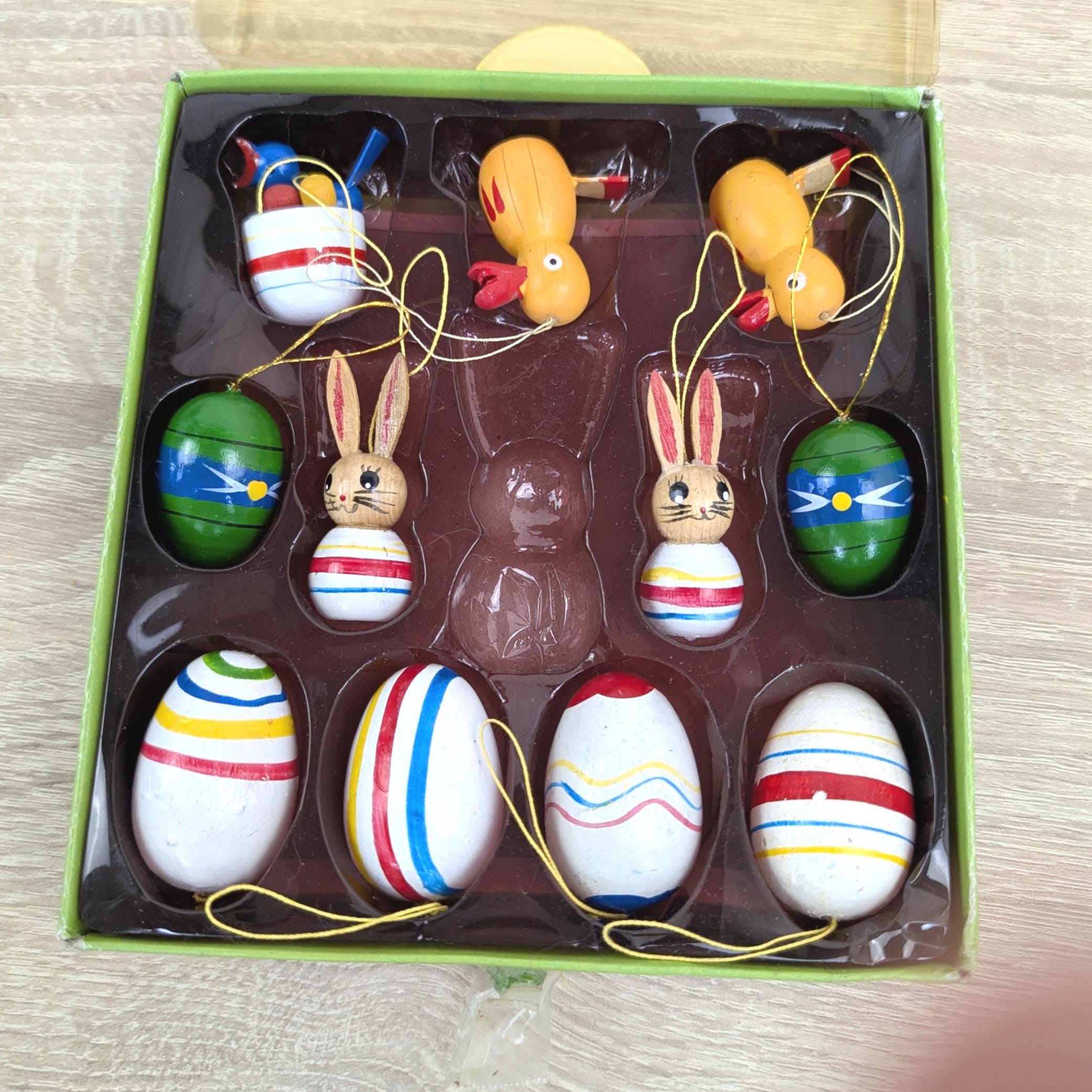 Vintage German Easter Ornaments Set Galeria 1970s, Hand-Painted Wooden Easter Tree Decorations in Original Box, West Germany