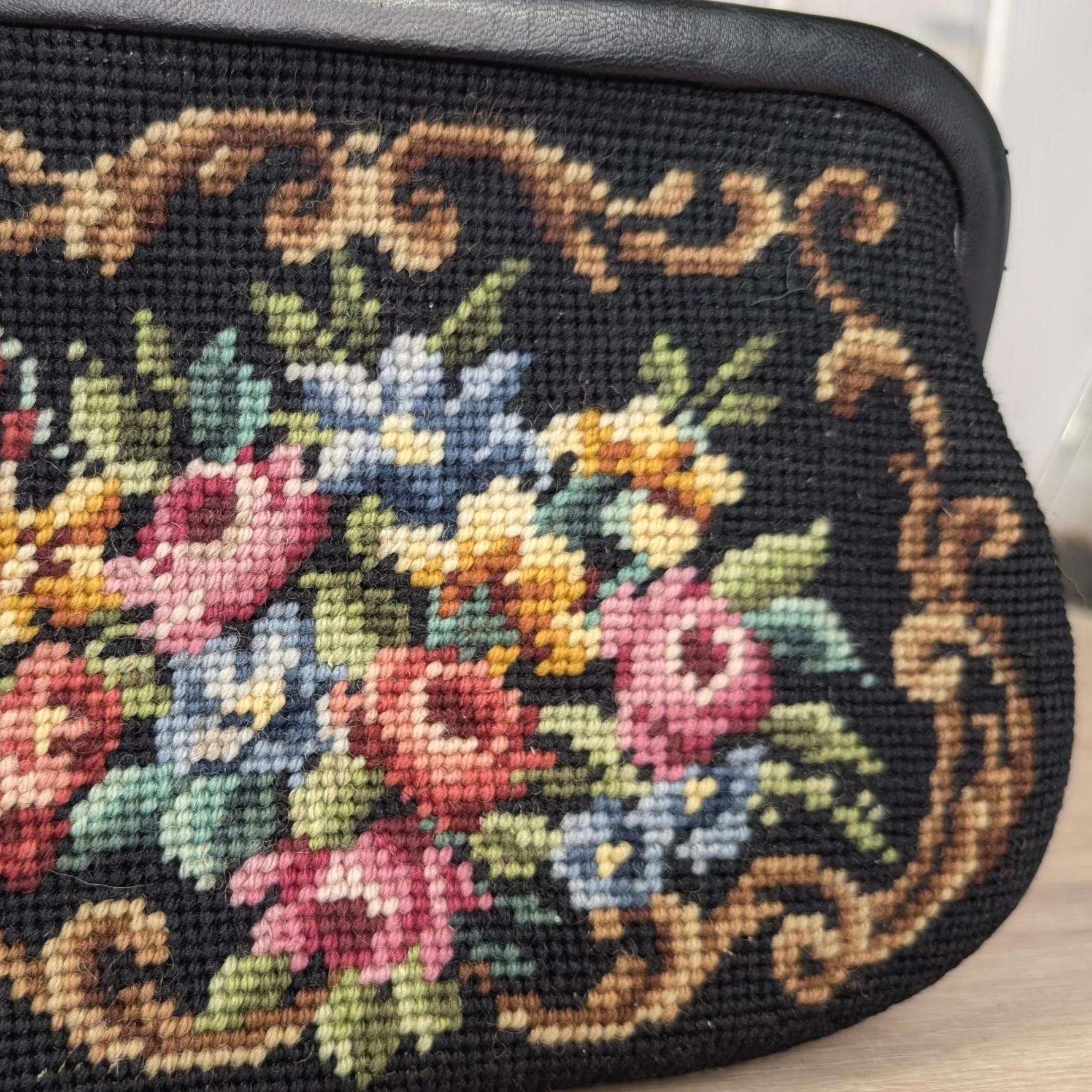 Vintage floral gobelin handbag, petit point tapestry purse, European evening bag, 1950s