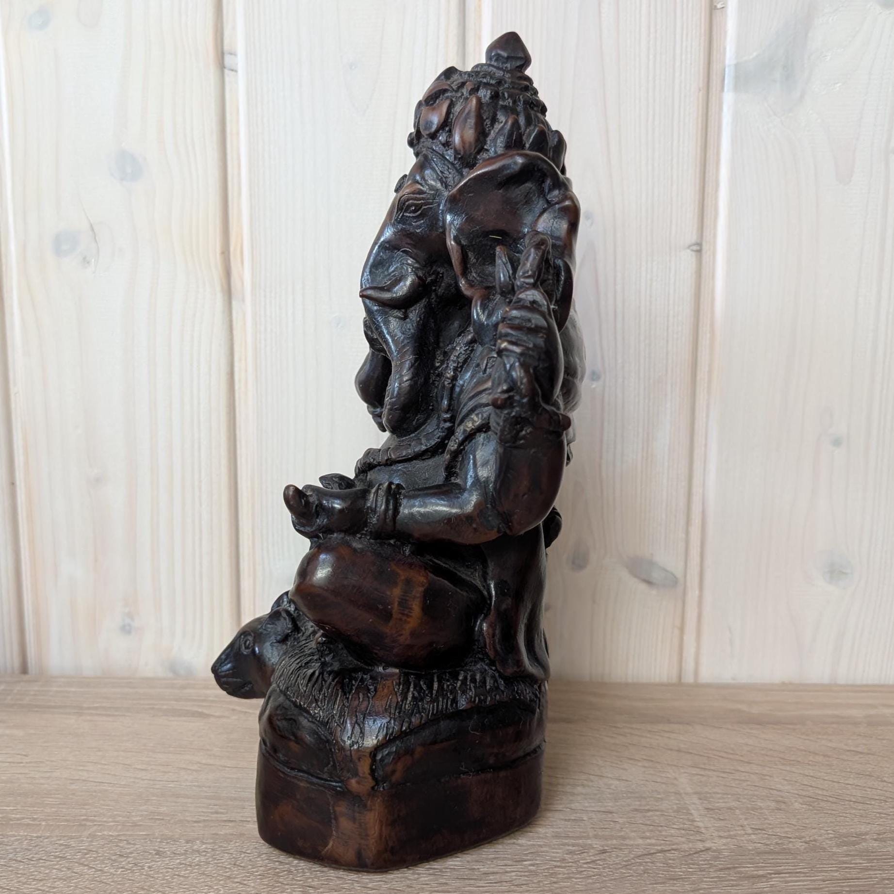 Vintage Ganesha Statue, Cold Cast Resin Wood Look Sculpture, South Asian Style Elephant God Figurine, 1980s Spiritual Decor