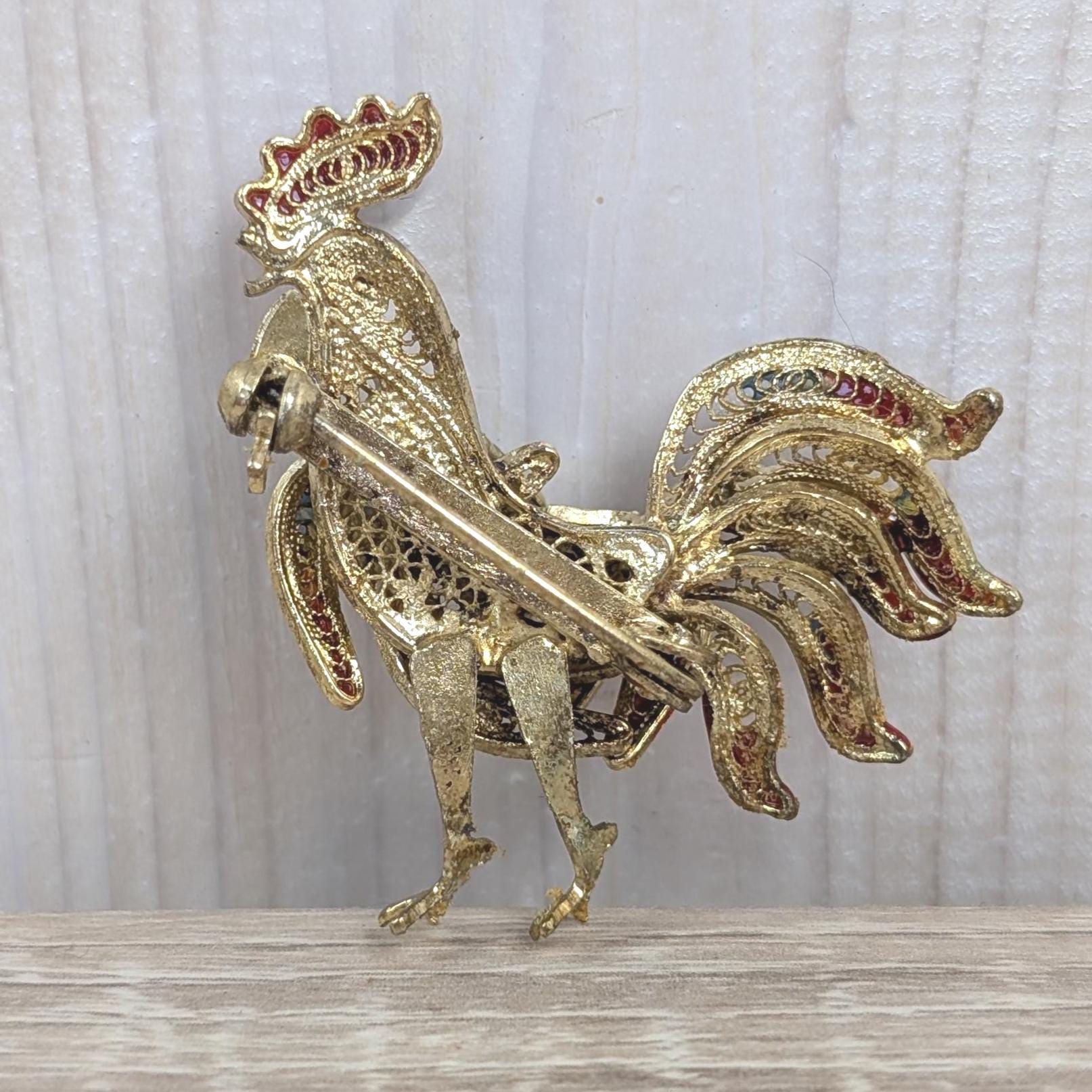 Vintage 800 Silver Enamel Rooster Brooch 1960s, Gold Plated Filigree Cockerel Pin Red Green Enamel