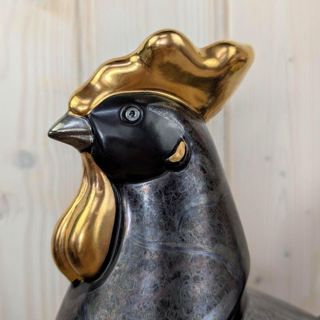 Gilde Handwerk Rooster Figurine Black Gold, Large Ceramic Cockerel Statue, Art Deco Home Decor, German Decorative Figure, 1980s