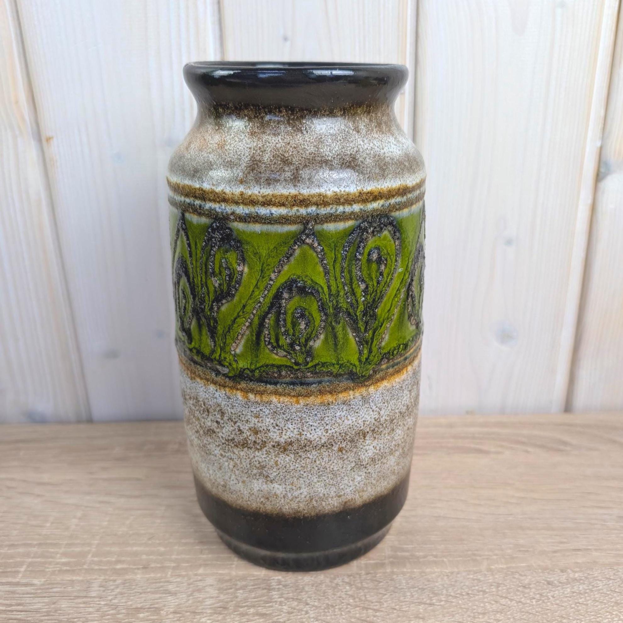 Jasba 905-10-22 West German Pottery Vase, Green Relief Band, Grey Black Glaze, 1960s