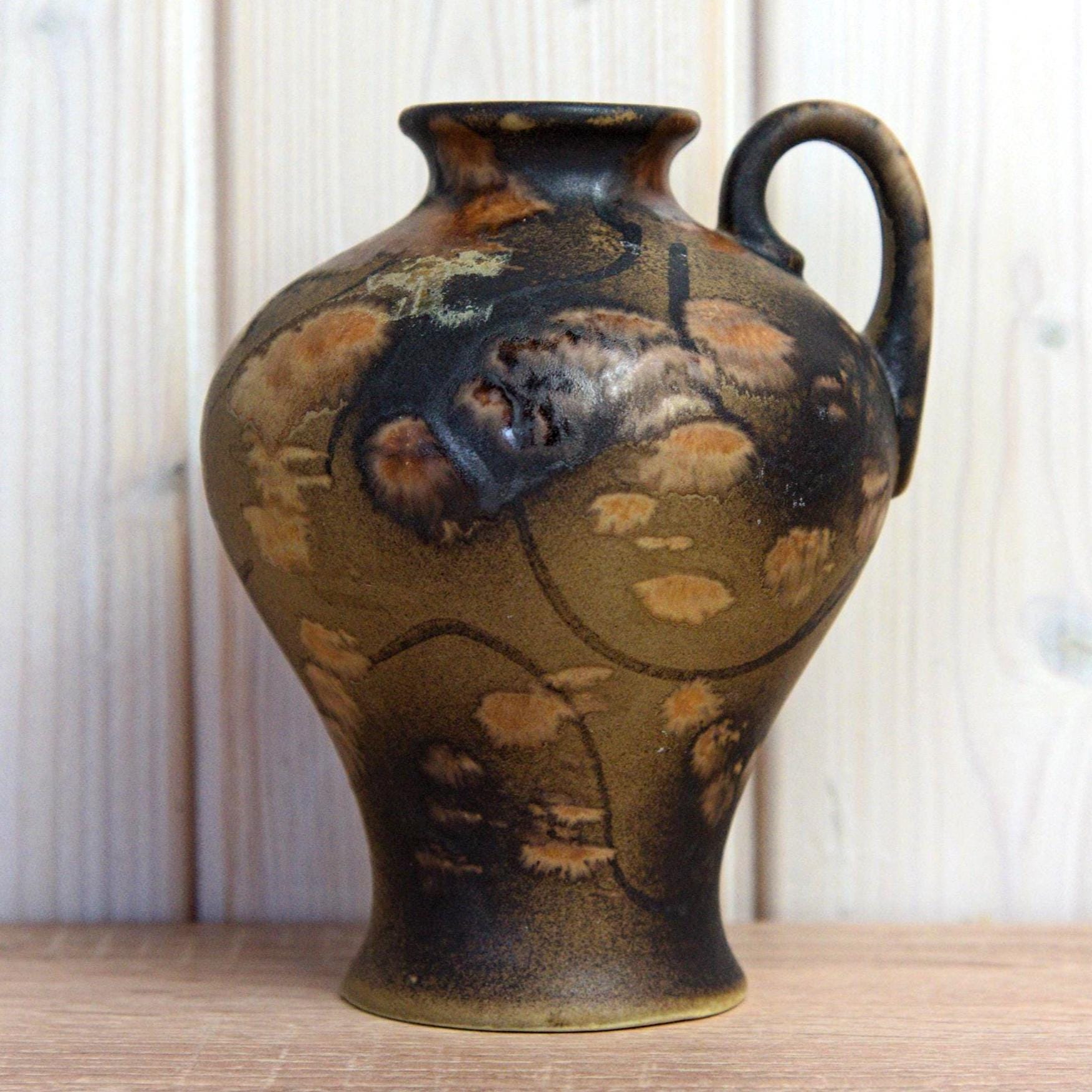 Ruscha K-31 Vase West Germany, Mid Century Ceramic Vase with Handle, Brown Beige Abstract Pottery