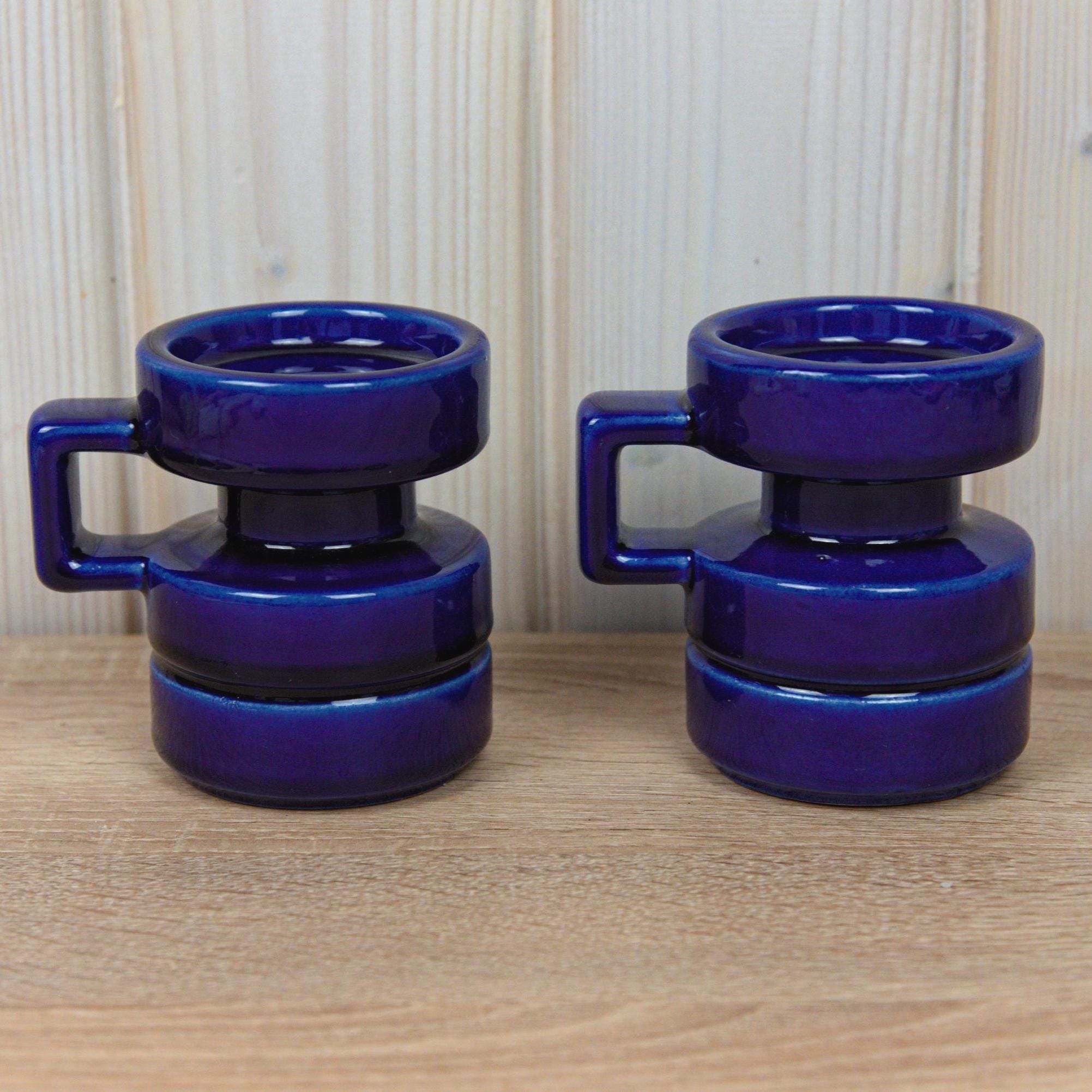 Cari Zalloni for Steuler, Set Cobalt Blue Candle Holders, Ceramic Pair, Germany, Vintage 1970s