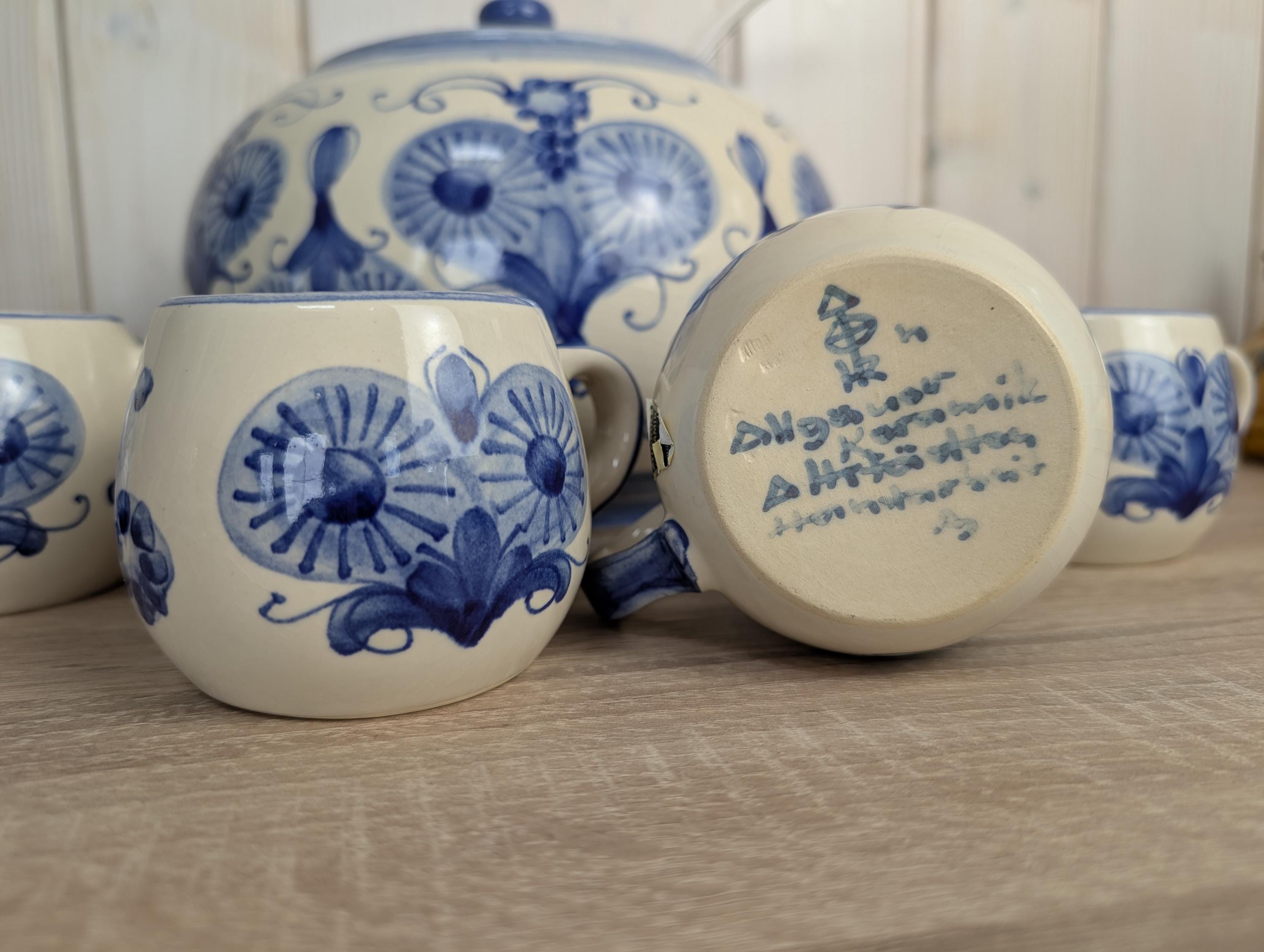 Allgäuer Keramik Altständten Punch Bowl Set, Blue White Folk Art, 6 Cups, Ladle, Handarbeit, 1970s German Studio Pottery