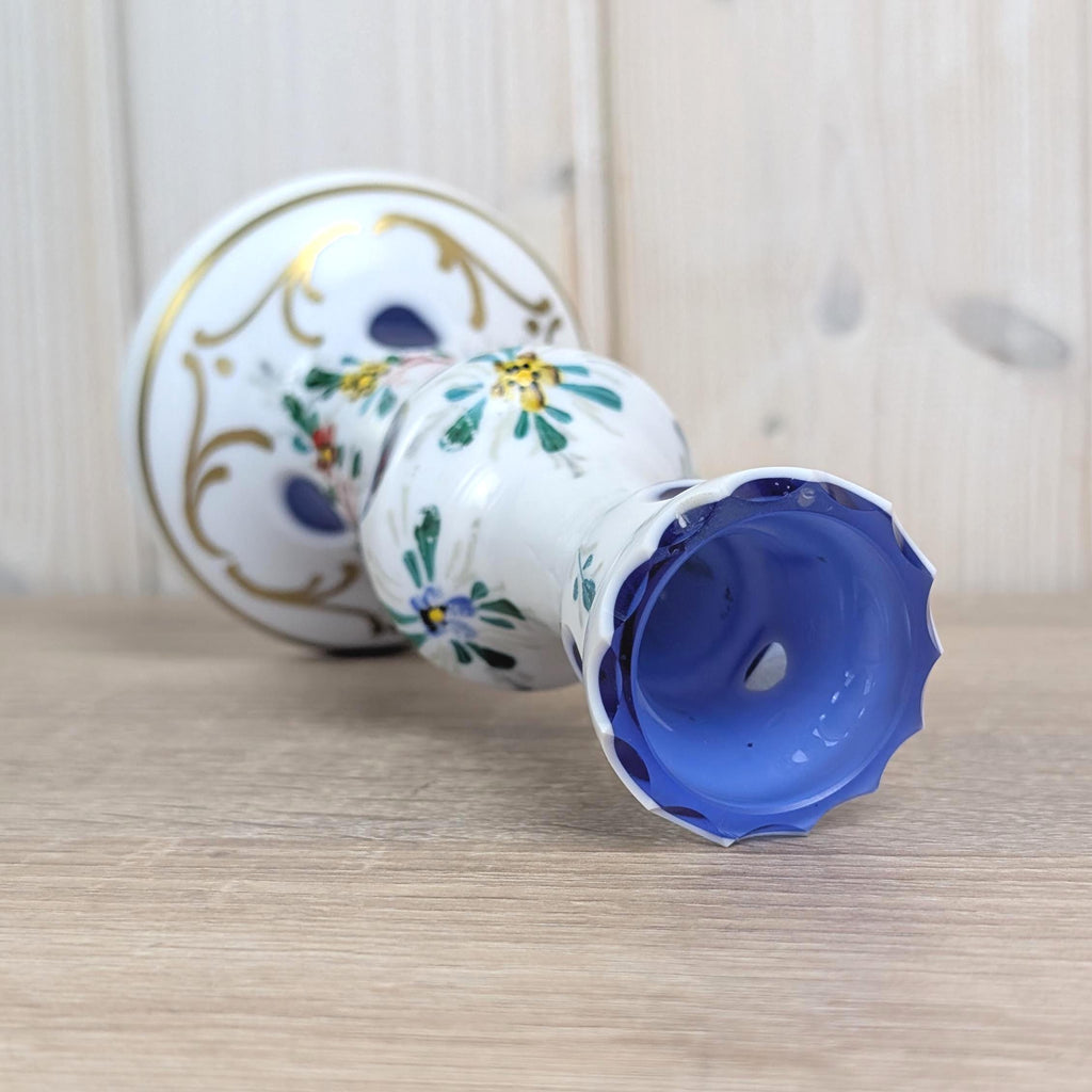 Handpainted Bohemian Candleholder, White Glass with Blue Cut Accents, Central Europe, Vintage