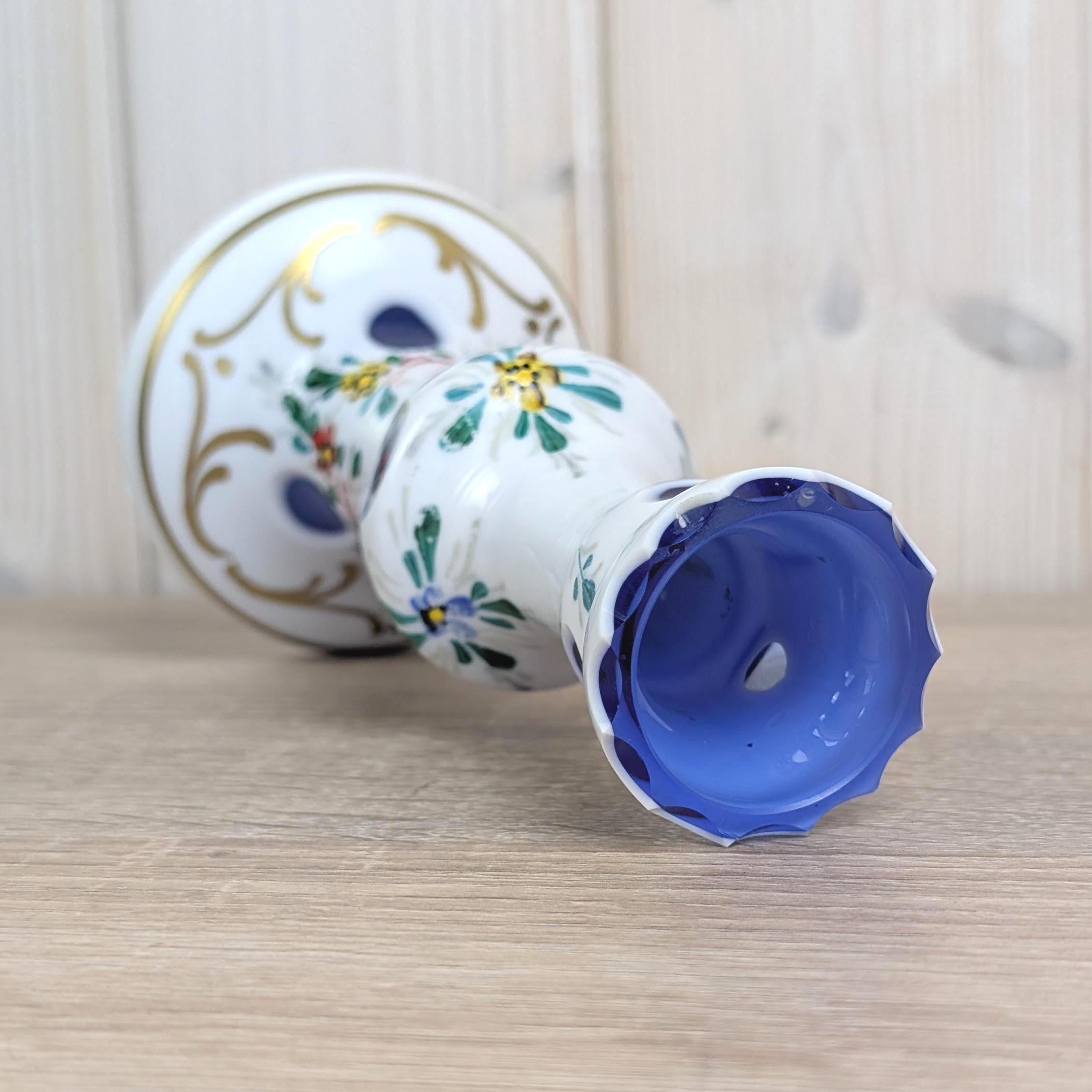 Handpainted Bohemian Candleholder, White Glass with Blue Cut Accents, Central Europe, Vintage