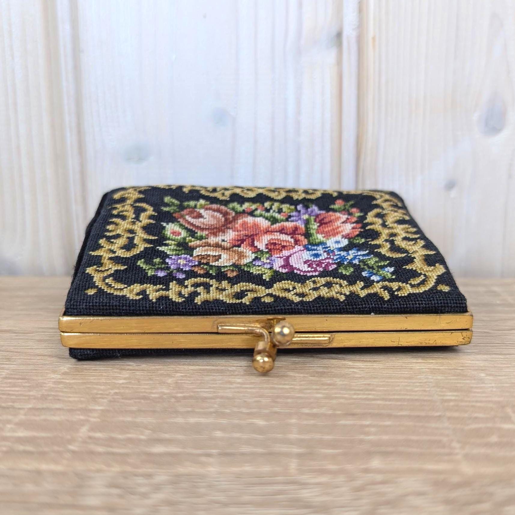Petit Point Coin Purse Black Gold, Floral Needlepoint Wallet Double Frame Clasp, Austrian German Embroidered Purse, 1950s 1960s Vintage
