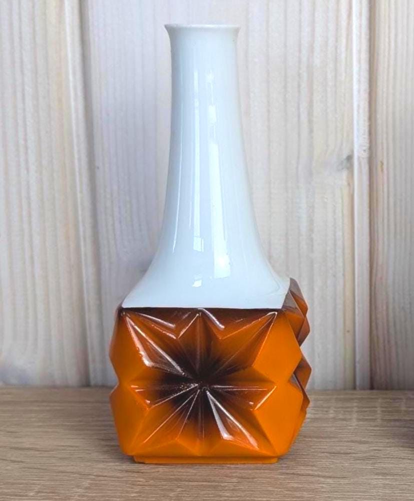 Schumann Arzberg Bavaria Porcelain Bud Vase, Geometric Star Relief, White Neck, 1960s West German Porcelain, Your Choice of Color