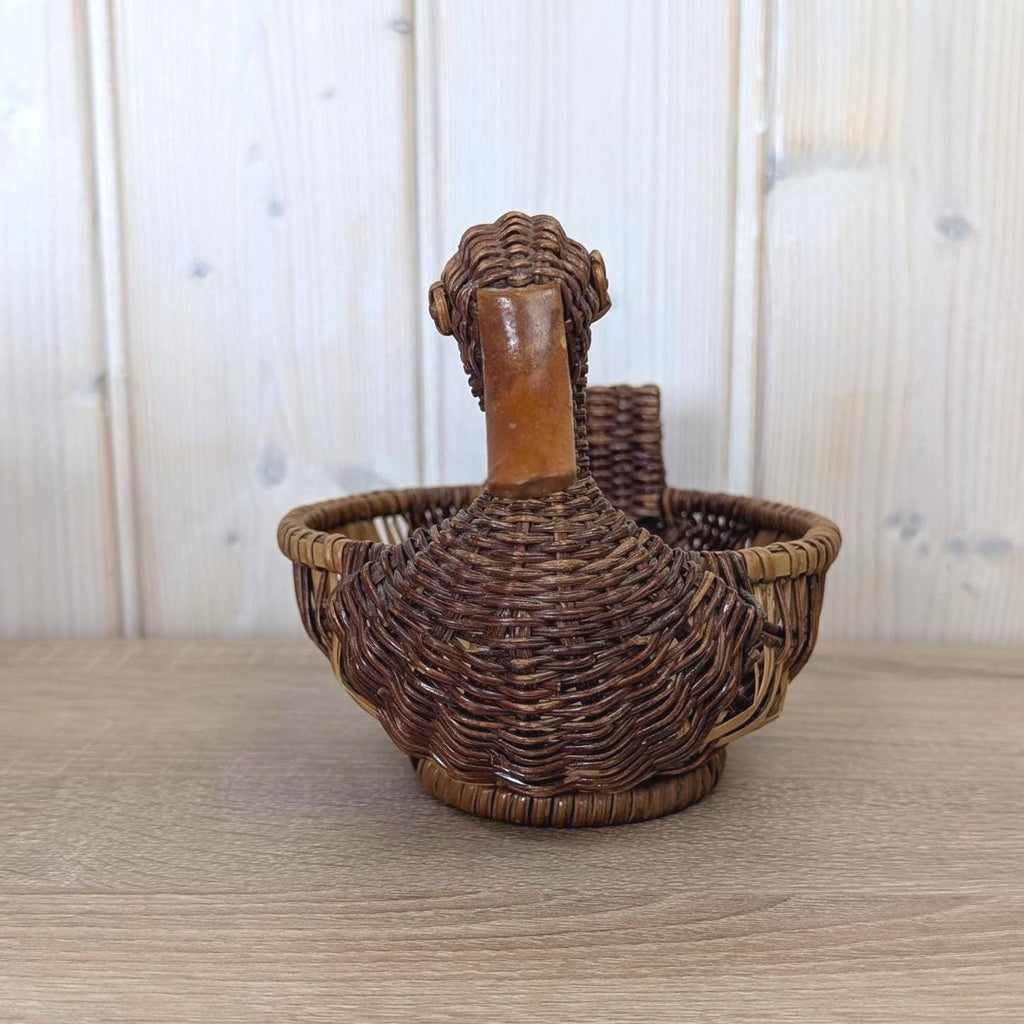Vintage Wicker Duck Basket, Rattan Animal Figure Bowl, Folk Art Bread Fruit Tray, 1970s