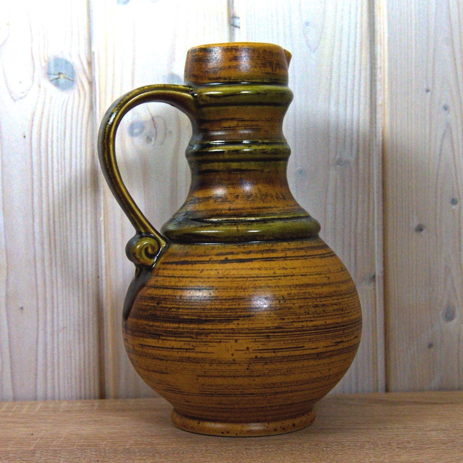Jasba Ceramic Pitcher, Model 0781225, West German Pottery, Brown Green Glaze, Vintage 1970s