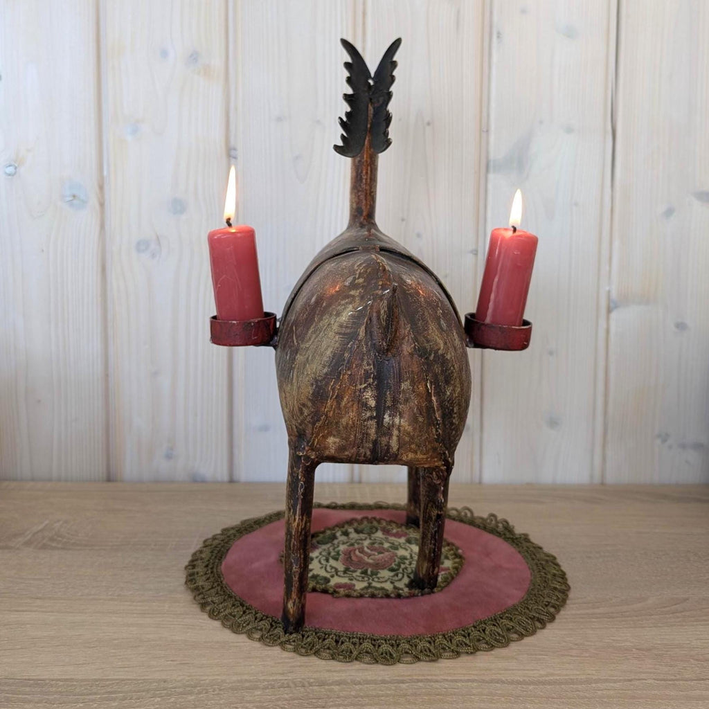 Vintage Folk Art Metal Deer Candle Holder, Hand Painted, Two Candles, European 1960s