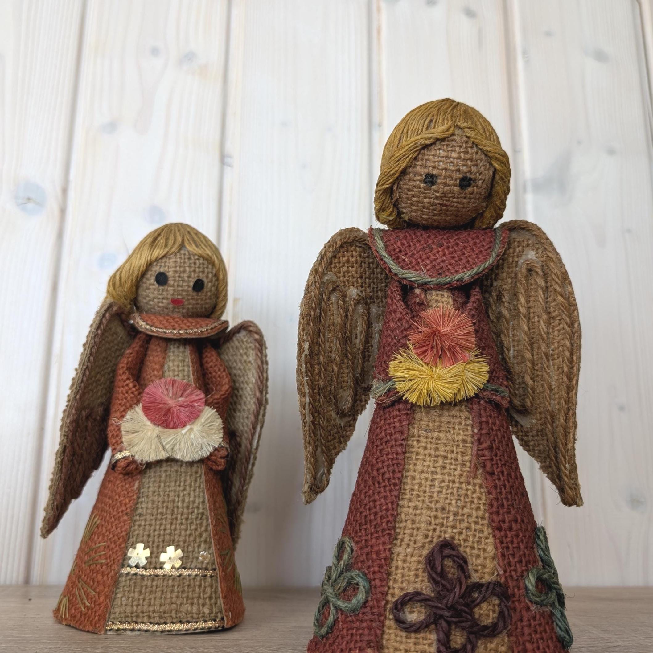 Vintage jute Christmas angels, handmade holiday tree toppers, natural fiber decor, 1970s