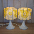 Vintage Tulip Base Lamps (Pair), Hand-Embroidered Sunburst Shades, Mid-Century Modern, Space Age Style, 1970s