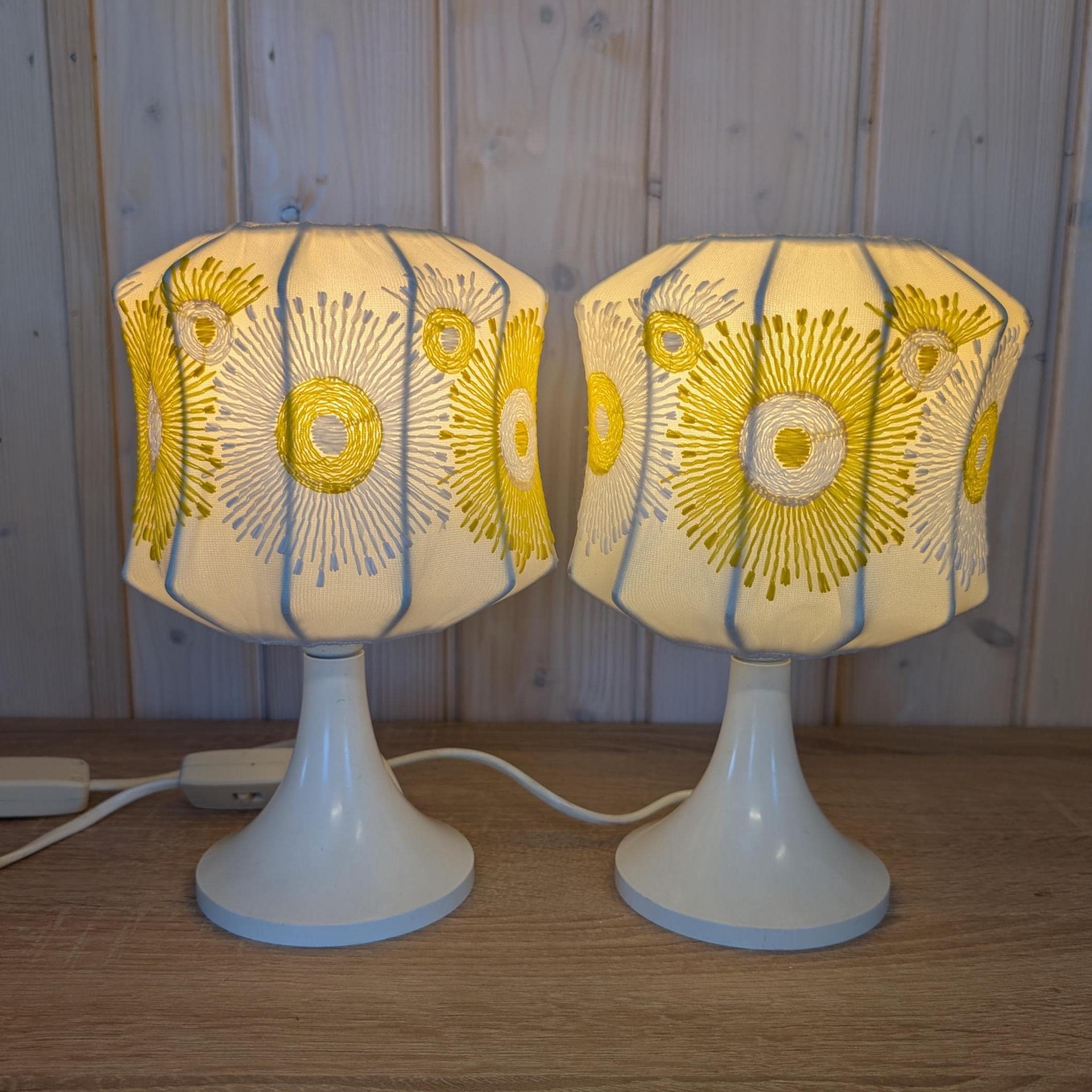 Vintage Tulip Base Lamps (Pair), Hand-Embroidered Sunburst Shades, Mid-Century Modern, Space Age Style, 1970s