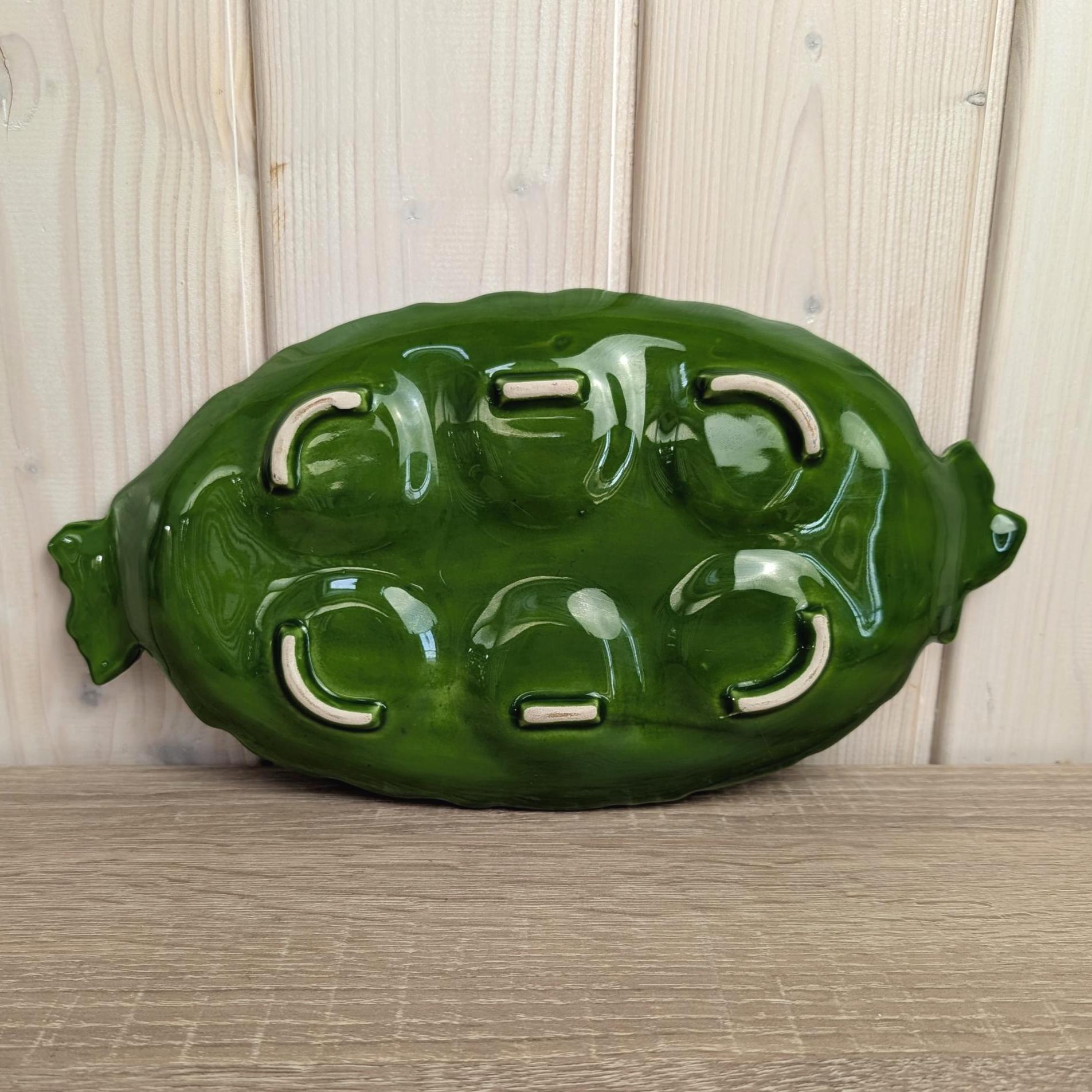 Green Ceramic Egg Cup Set, Leaf Tray with Cutlery, Vintage Kitchen Decor, 1970s