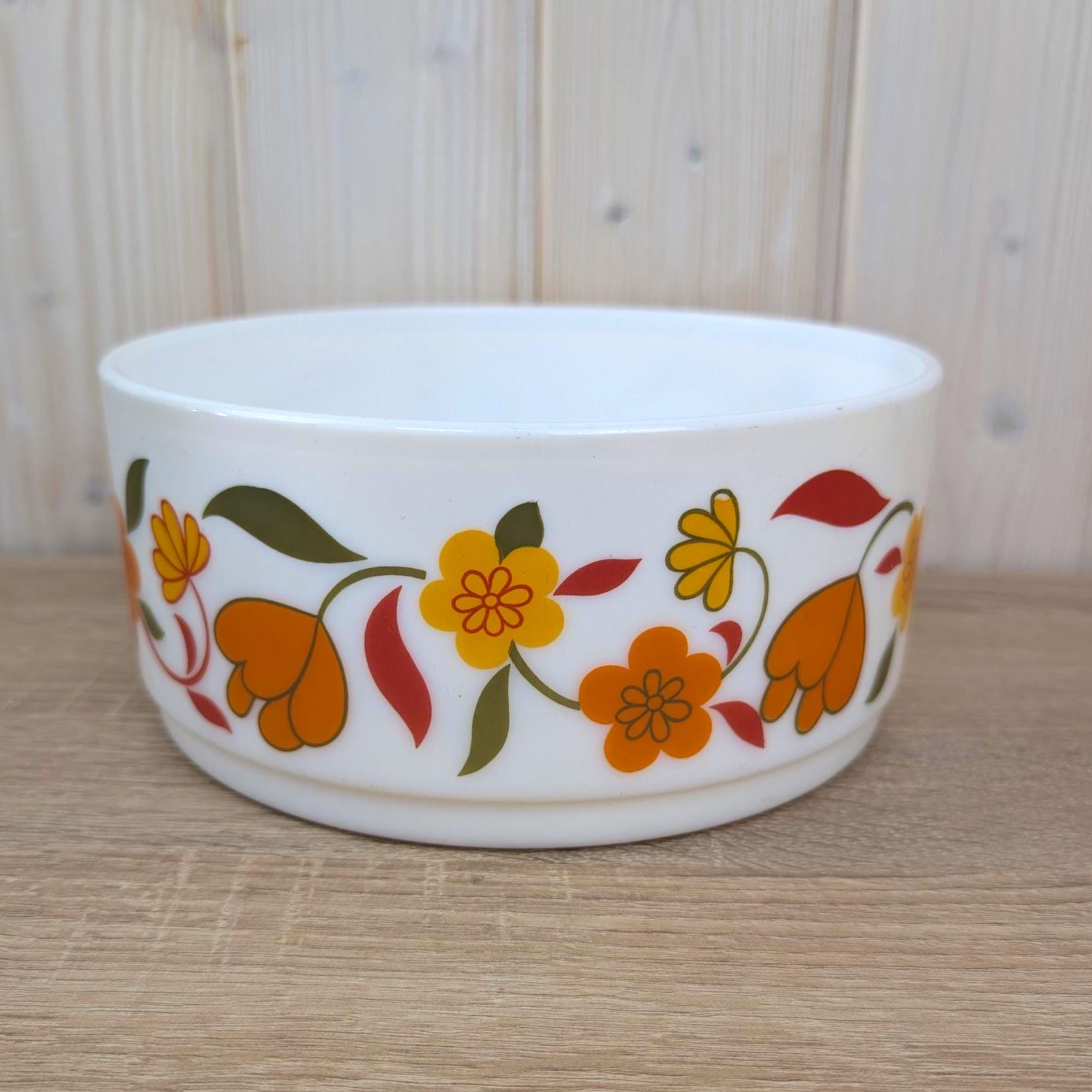 Arcopal France Floral Opaline Glass Bowl Set of 2, Vintage 1970s French Milk Glass Serving Bowls, Orange Yellow Tulip Flower Kitchen Decor