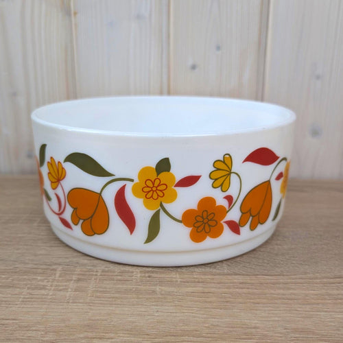 Arcopal France Floral Opaline Glass Bowl Set of 2, Vintage 1970s French Milk Glass Serving Bowls, Orange Yellow Tulip Flower Kitchen Decor