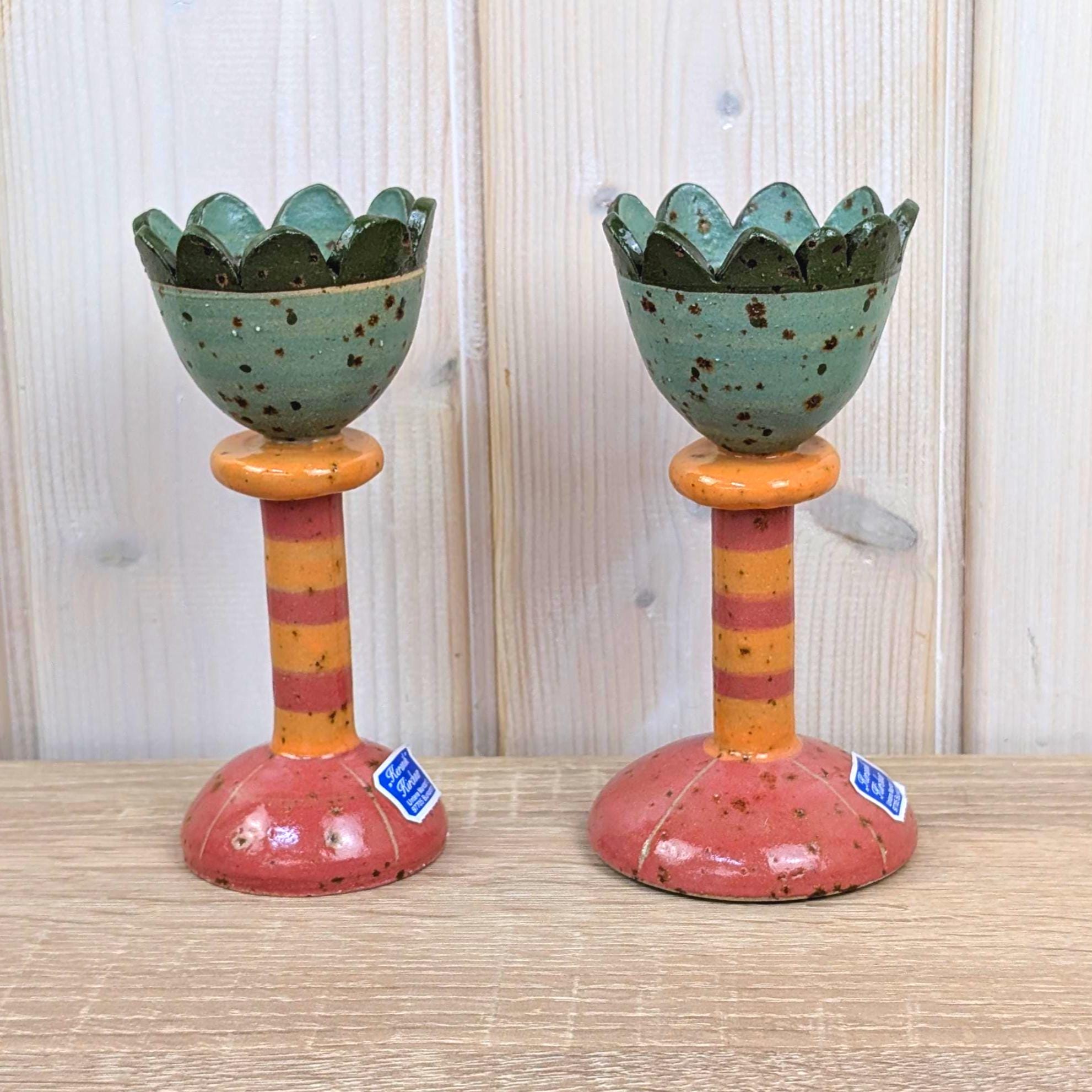 Keramik Kirchner Burkardroth Ceramic Candleholder Pair, Vintage German Studio Pottery Flower Cup, Egg Cup Taper Candle Holder Set of 2