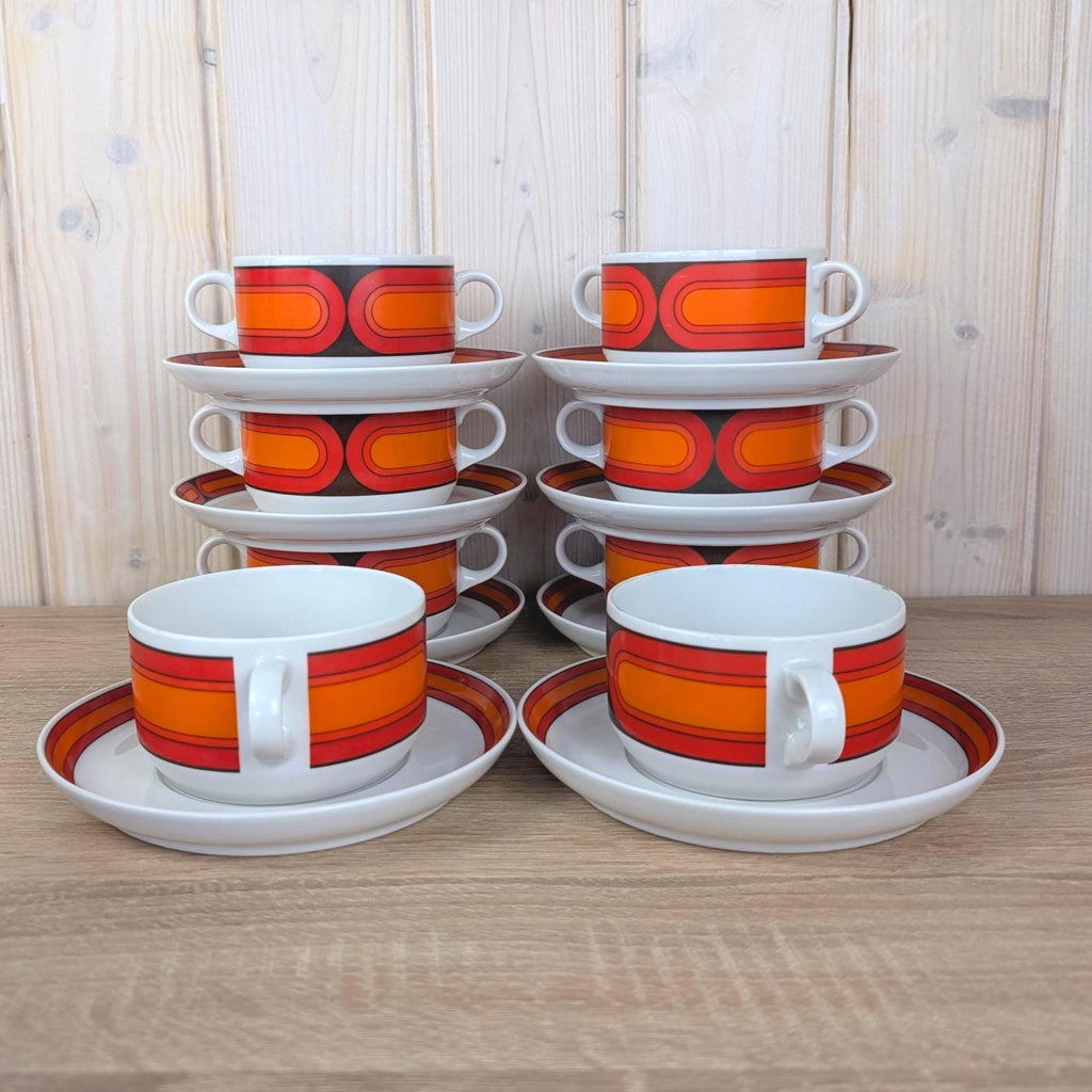 Arzberg Sizilia 3000 Soup Bowl Set of 8 with Saucers, Hans Theo Baumann, Orange Red, 1970s German Porcelain
