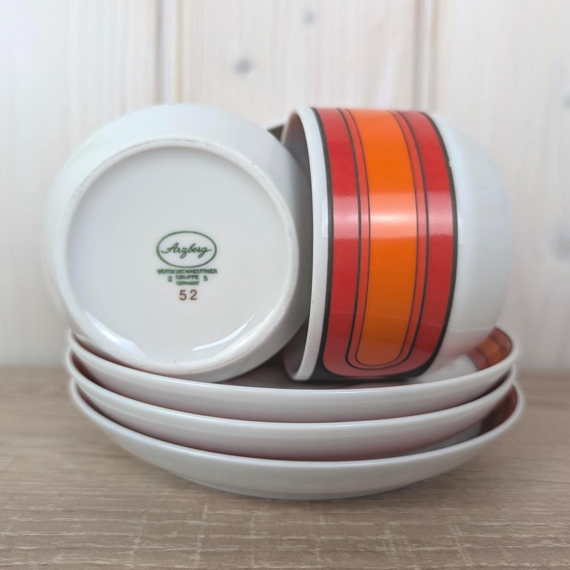 Arzberg Sizilia 3000 Cup and Saucer, Hans Theo Baumann, Orange Red, 1970s German Porcelain, Set of 5