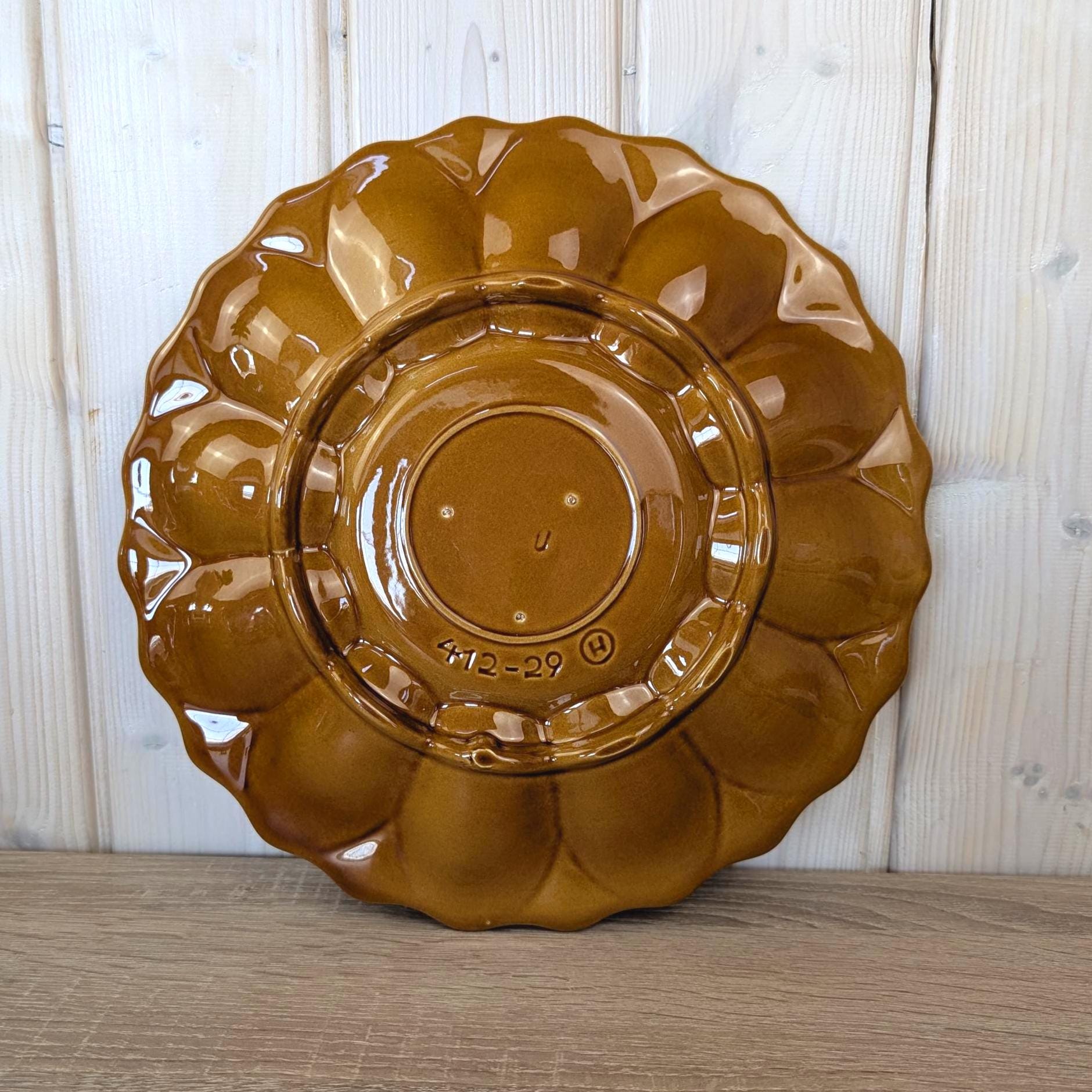 Hollóháza Hungary Egg Plate with Rooster Salt & Pepper Shakers, Amber Glaze, 1960s