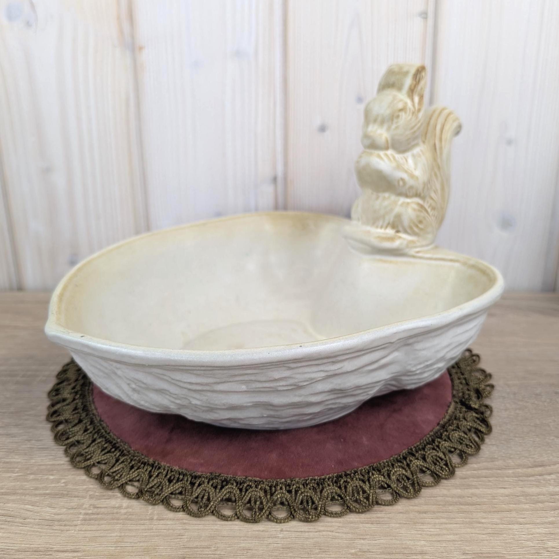 Marzi and Remy West Germany Ceramic Squirrel Nut Bowl, Vintage 1950s Studio Pottery, Cream Matte Glaze, Figural Dish, Mid Century Decor