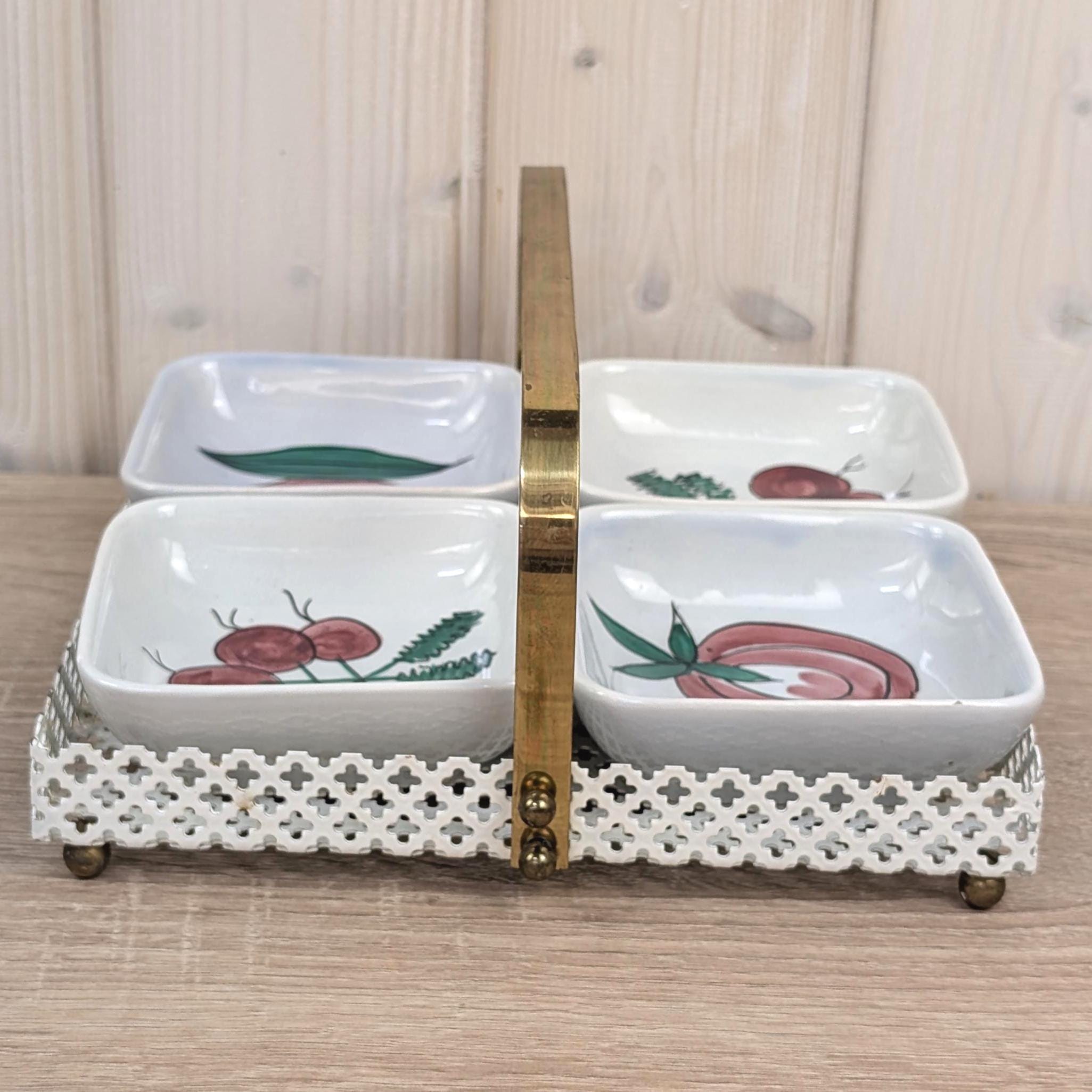 Schramberg SMF Dec 1180 Ceramic Snack Bowl Set with Metal Tray, Vintage 1950s West German Hand-Painted Pottery, Radish Veggie Motif