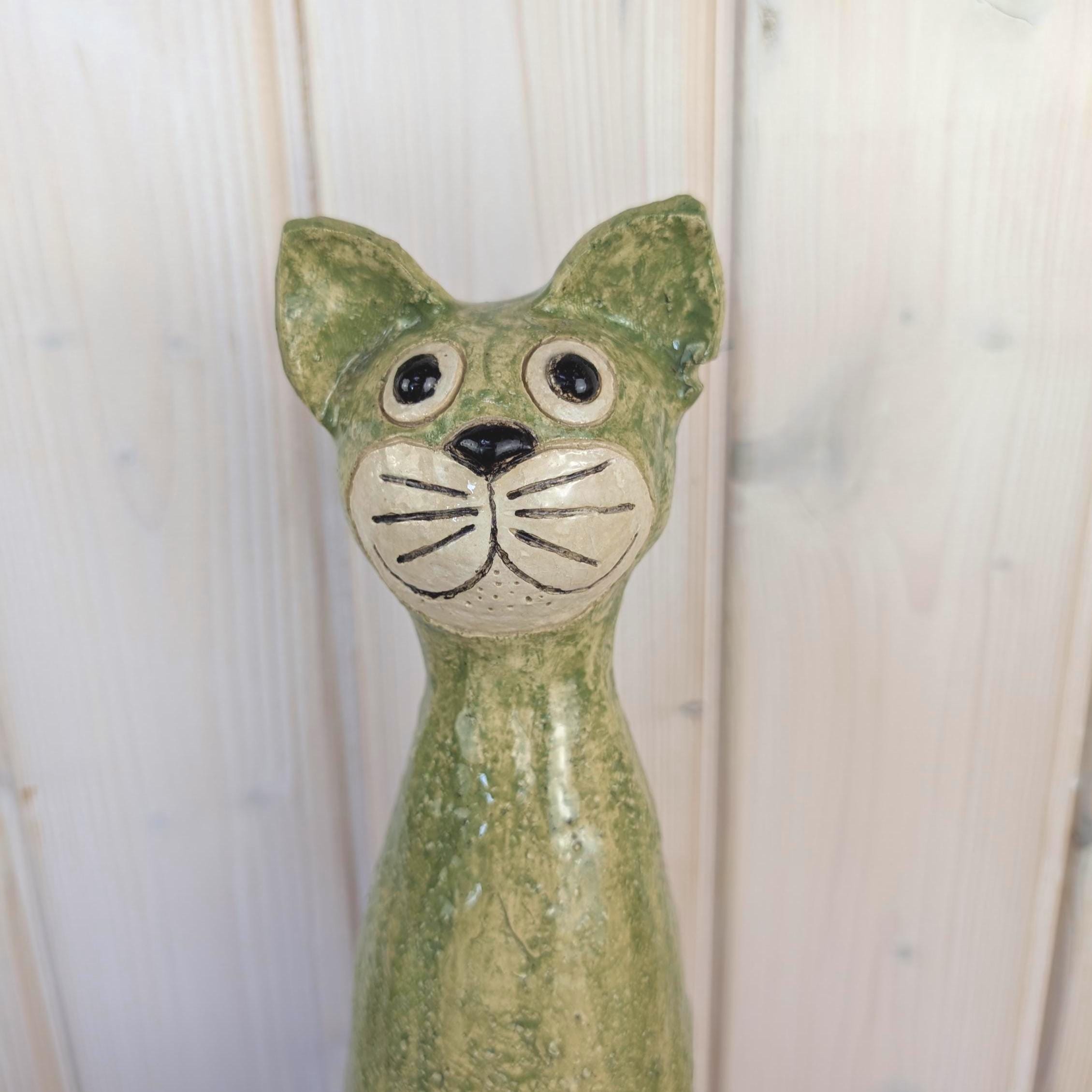 Signed Studio Pottery Cat Figurine, Handmade Green Glazed Ceramic, Tall Sculptural Cat, Signed Elle, Dated 1974, Vintage European Studio Art