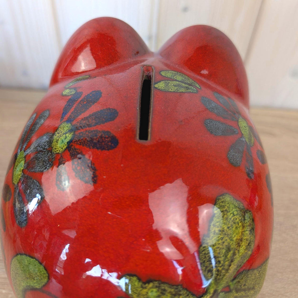 Scheurich Piggy Bank Red Floral Ceramic, West Germany 1960s, Model 792, with Key