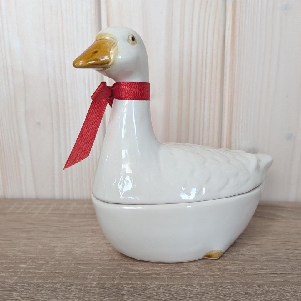 Vintage Michel Cougant French Faience Goose Dish, Signed Lidded Bird Box