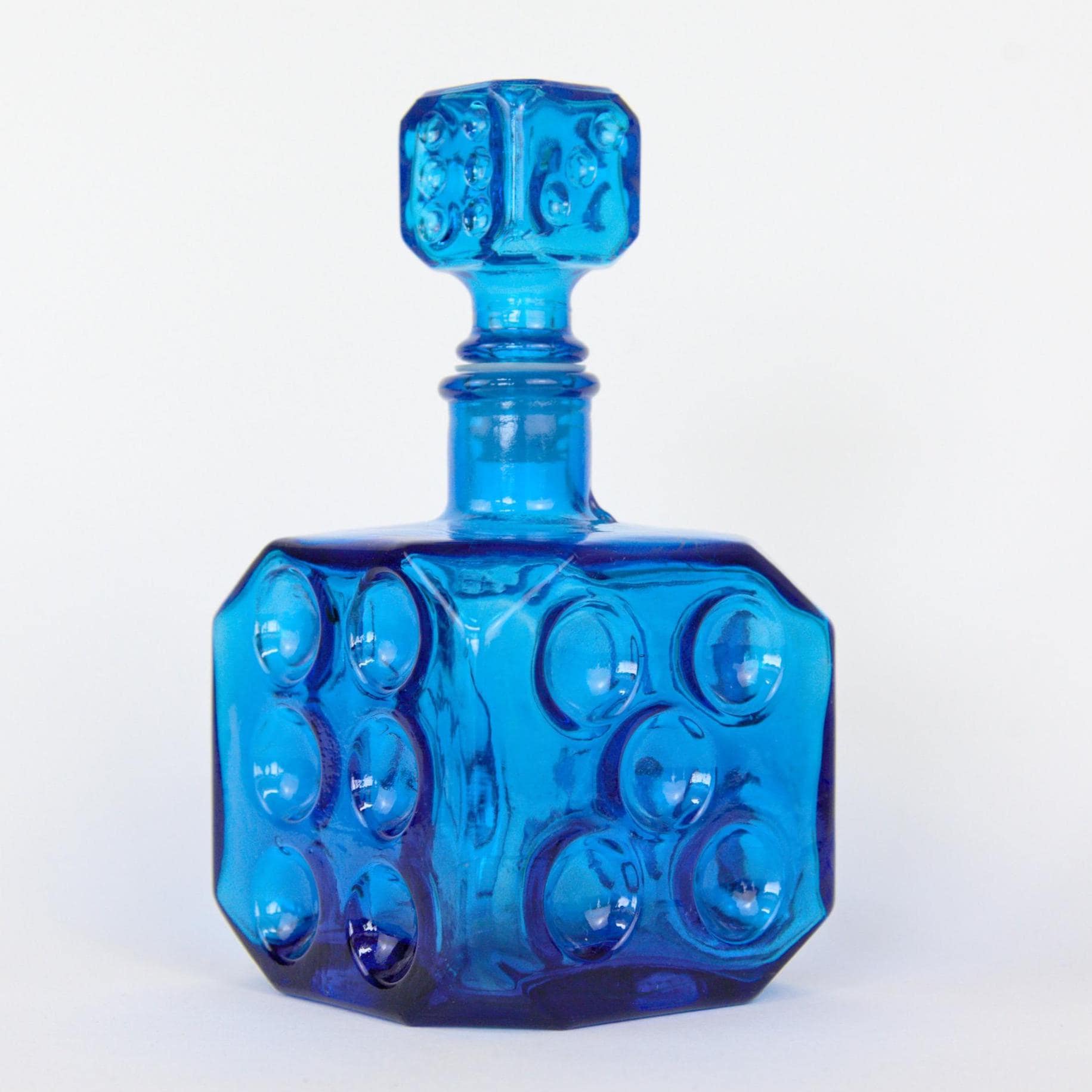 Empoli Italian Blue Glass Decanter, Cube Form, Bubble Relief, Dice Stopper, 1960s Mid-Century Art Glass Italy