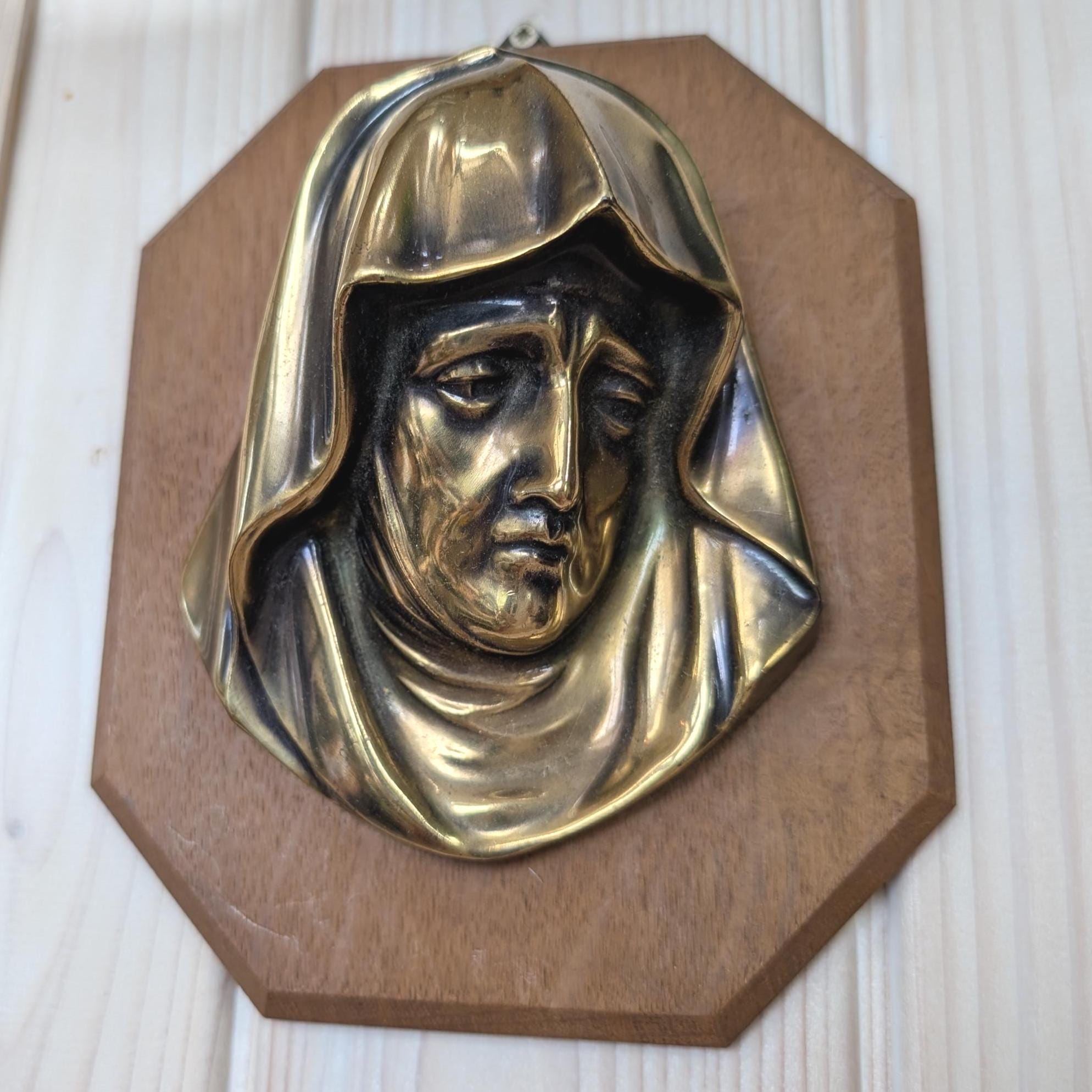 Vintage Brass Wall Plaques Jesus and Mary, Religious Art, Mounted on Wood, 1950s Catholic Decor