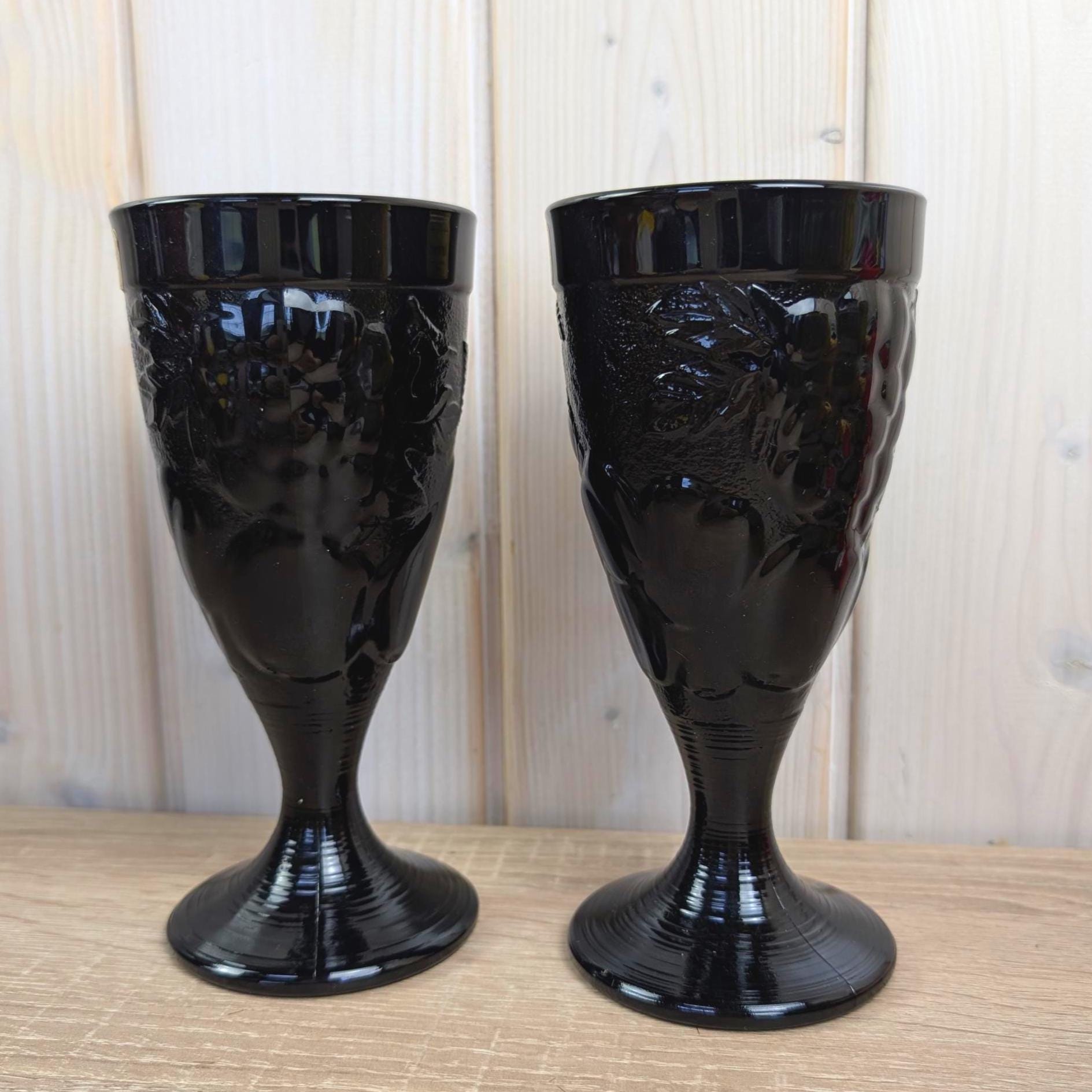 Luminarc Black Glass Goblets, Set of 2, Embossed Fruit Motif, Made in France, 1970s Vintage Barware