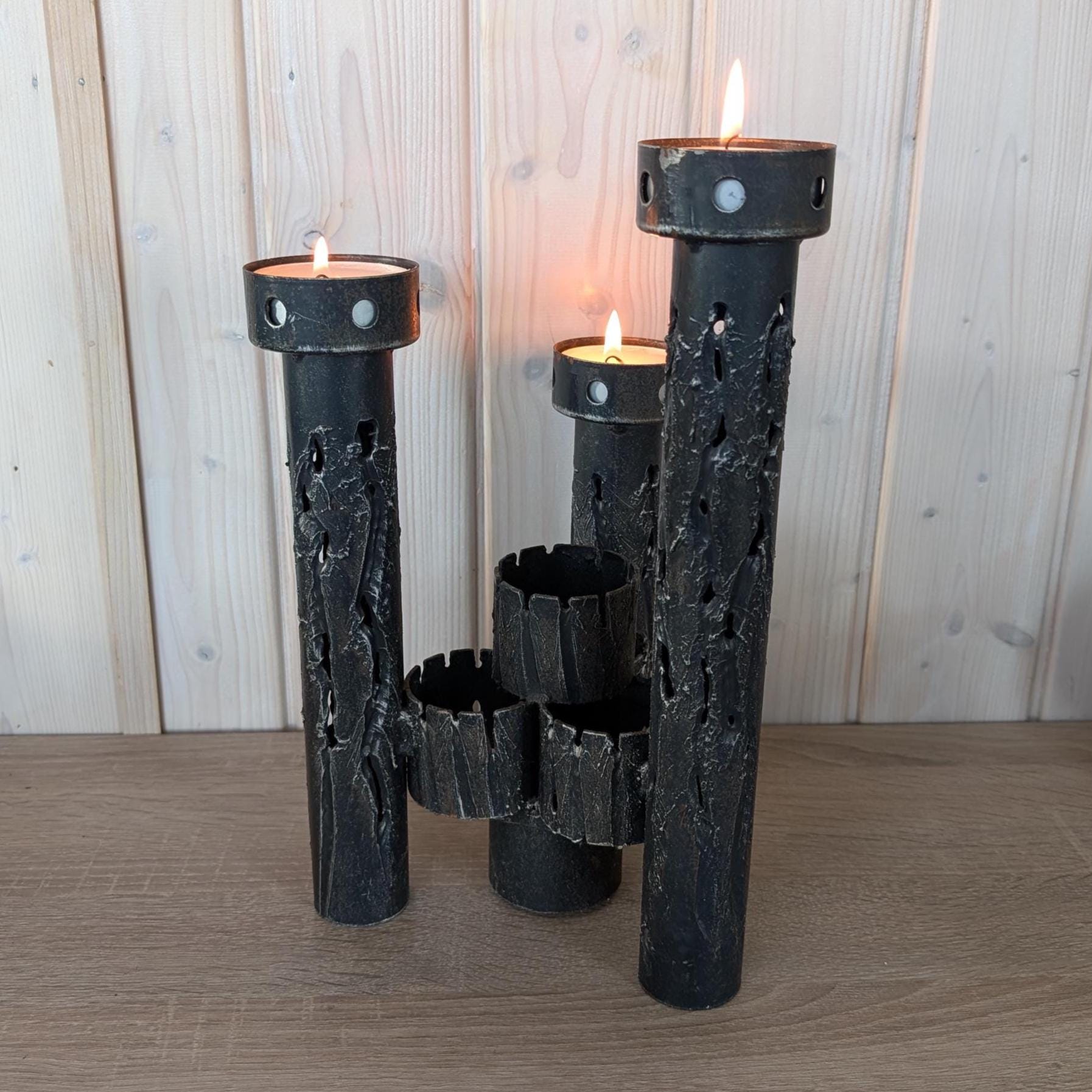 Vintage Brutalist Wrought Iron Candelabra, Hand-Forged 3-Arm Candleholder
