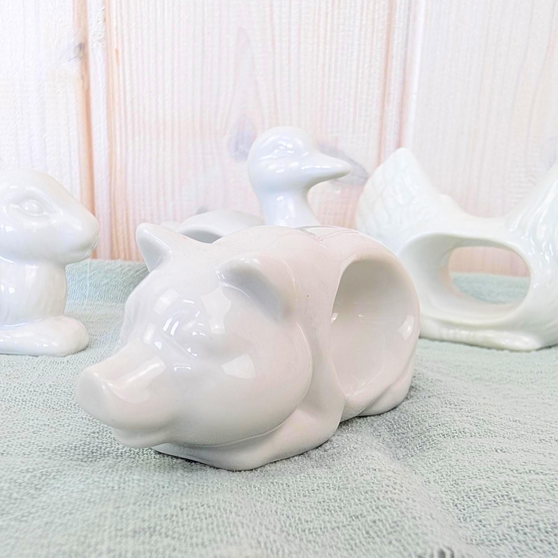 Set of 4 Vintage White Ceramic Napkin Rings, Farm Animals, Rabbit Duck Pig Rooster, Made in Japan, 1970s