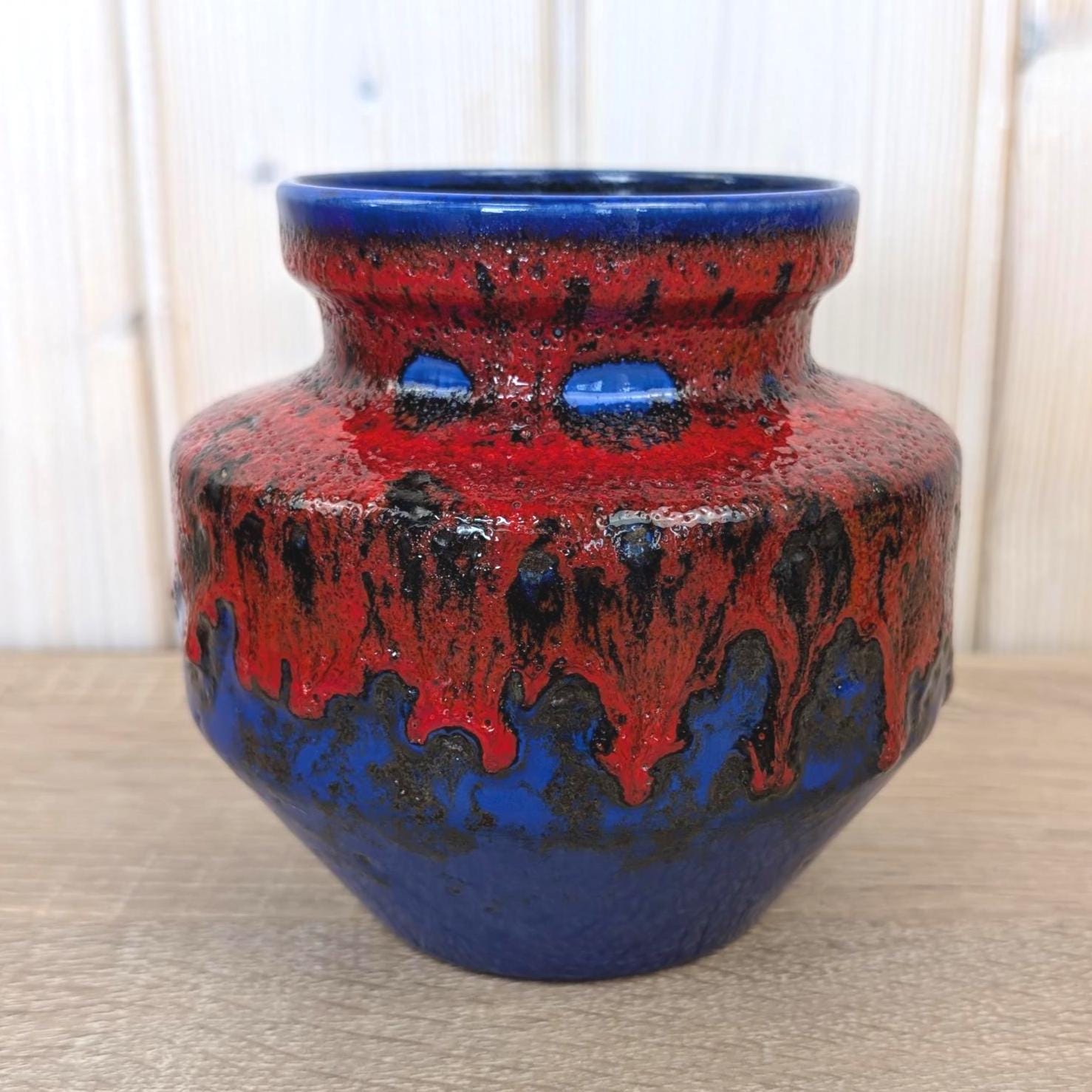 Bay Keramik Fat Lava Vase, Blue Red Drip Glaze, West Germany, Model 153-13, 1960s 1970s