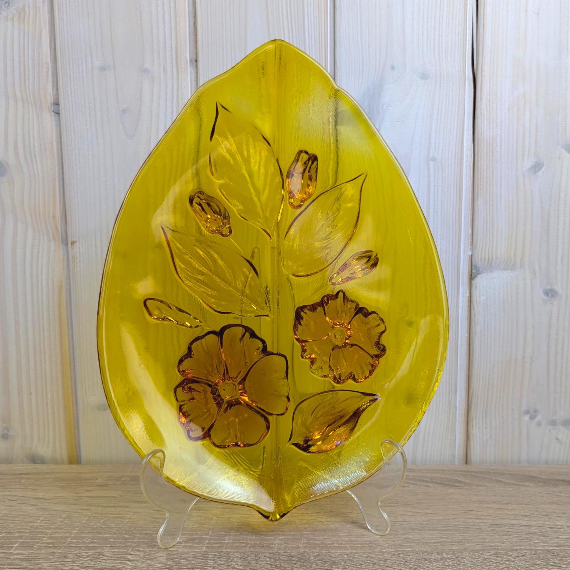 Vintage Amber Glass Leaf Dish, Floral Relief, European Pressed Glass, Mid-Century