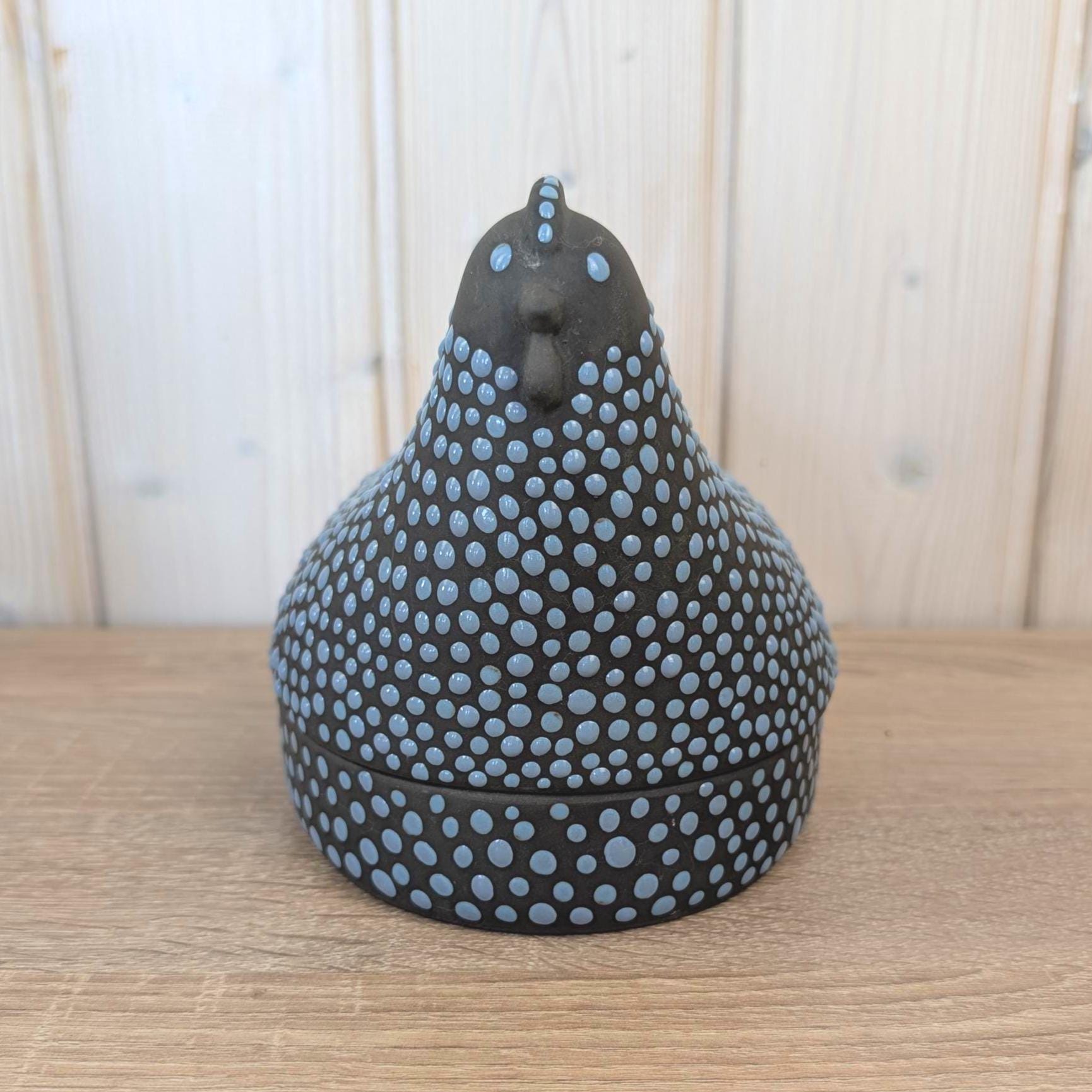 Kaarina Aho Munakana Arabia Finland, Rare Ceramic Hen Box, Dark Black Blue Dots, Blue Interior Glaze, Mid-Century Finnish Design, 1950s