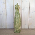 Signed Studio Pottery Cat Figurine, Handmade Green Glazed Ceramic, Tall Sculptural Cat, Signed Elle, Dated 1974, Vintage European Studio Art