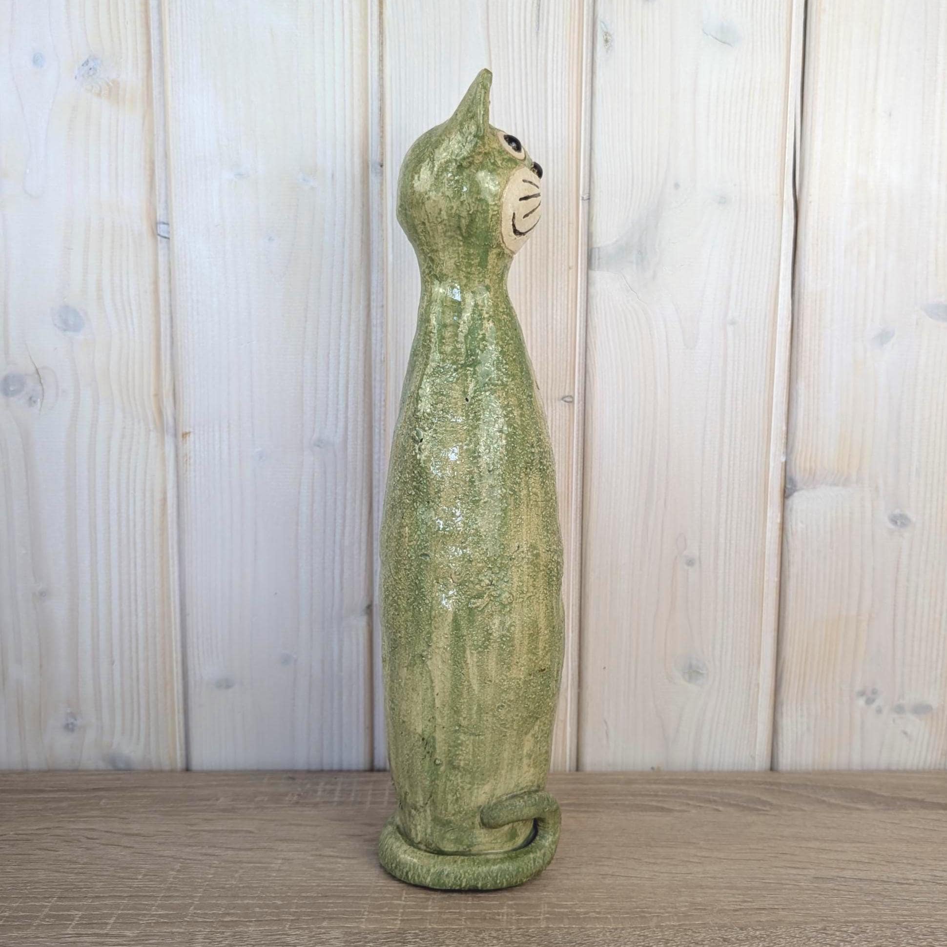 Signed Studio Pottery Cat Figurine, Handmade Green Glazed Ceramic, Tall Sculptural Cat, Signed Elle, Dated 1974, Vintage European Studio Art