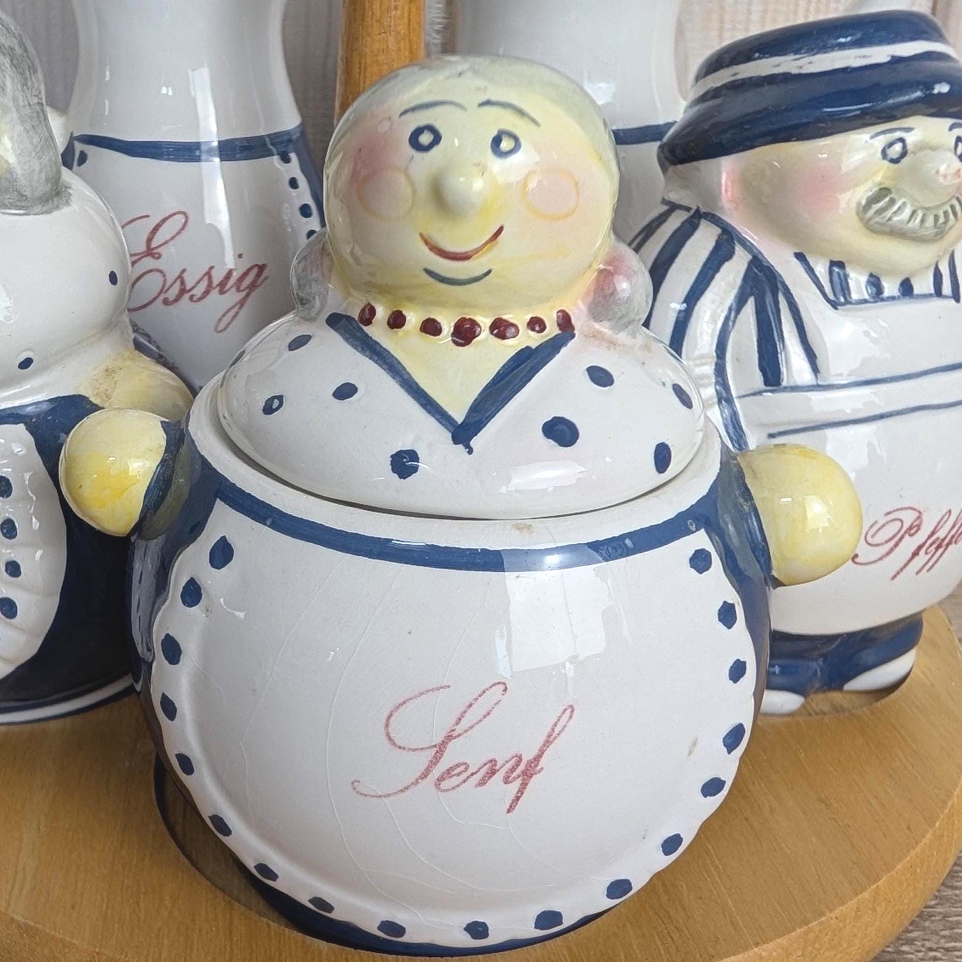 Vintage German Figural Condiment Set, Ceramic Folk Art, Salt Pepper Mustard Oil Vinegar, Wood Stand, 1980s Kitchen Decor