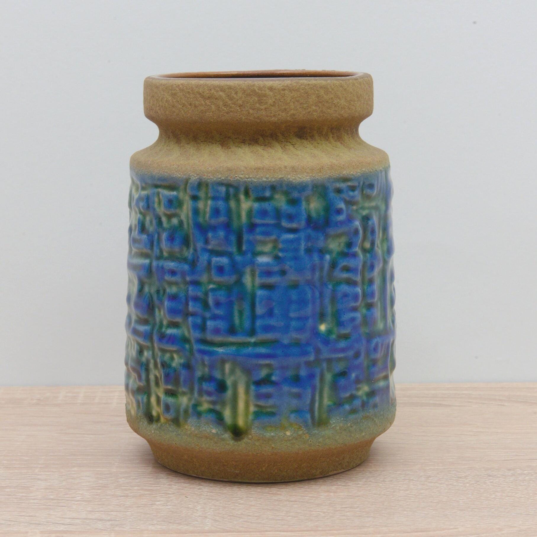 Carstens Tonnieshof Vase 1960s, West Germany Pottery, Blue Relief Glaze, Mid Century Ceramic Statement Piece