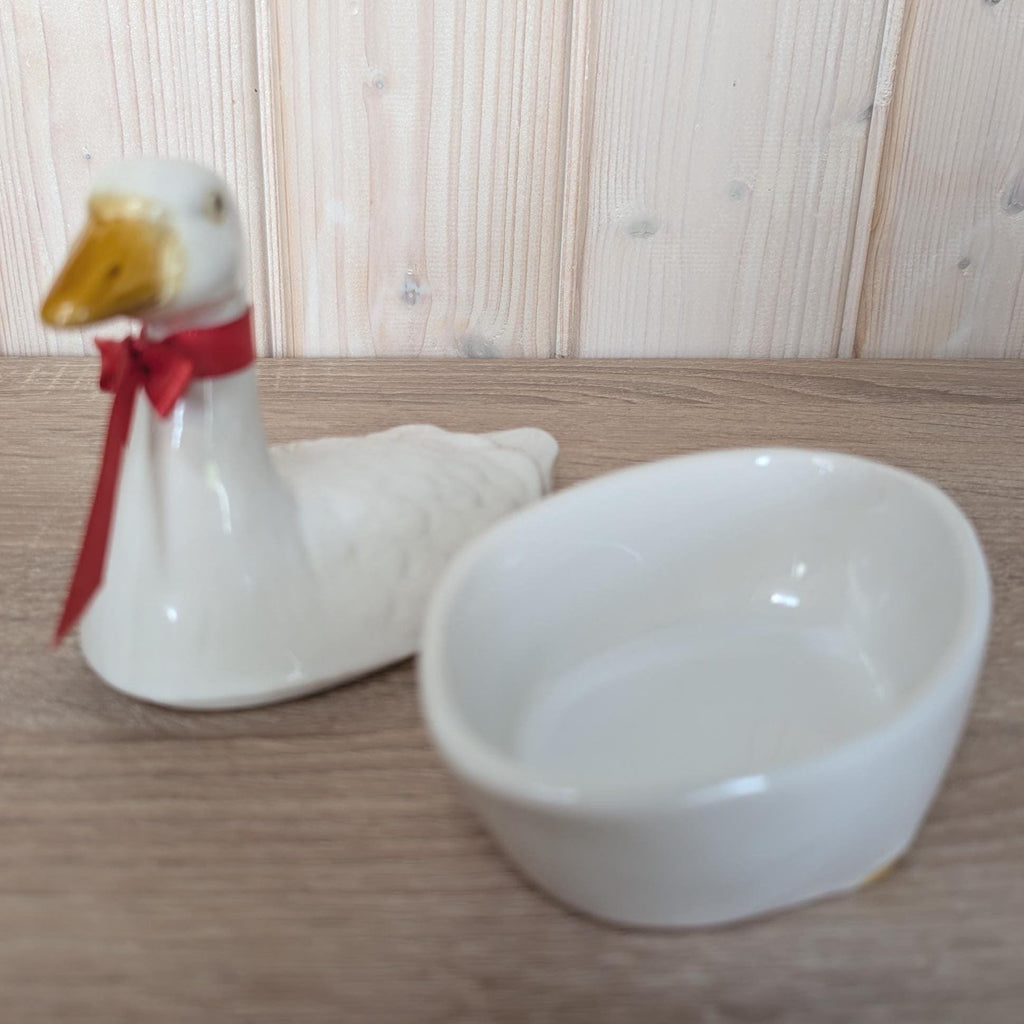 Vintage Michel Cougant French Faience Goose Dish, Signed Lidded Bird Box