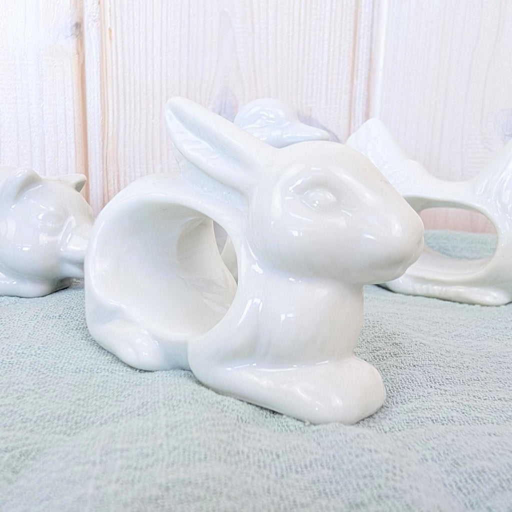 Set of 4 Vintage White Ceramic Napkin Rings, Farm Animals, Rabbit Duck Pig Rooster, Made in Japan, 1970s