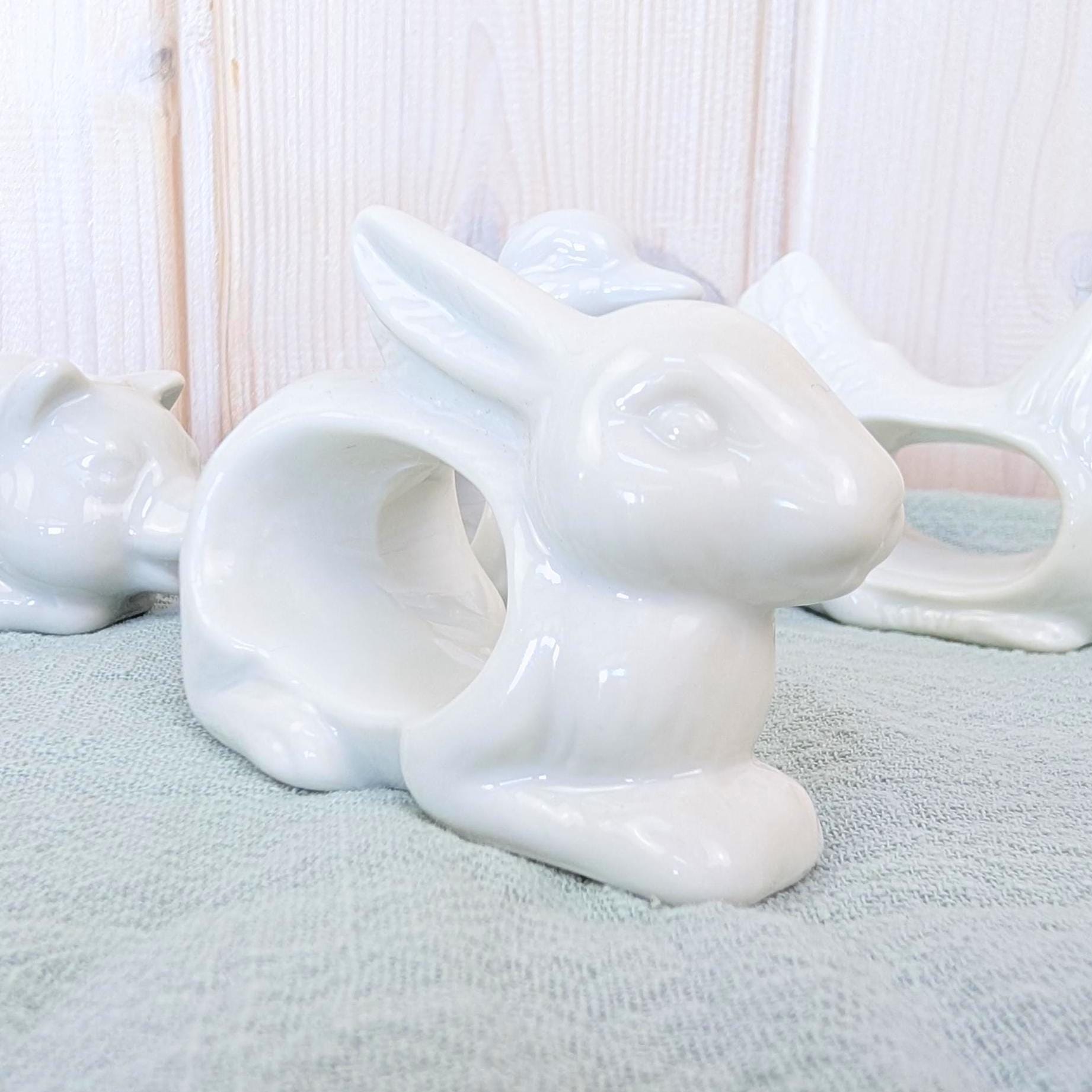 Set of 4 Vintage White Ceramic Napkin Rings, Farm Animals, Rabbit Duck Pig Rooster, Made in Japan, 1970s