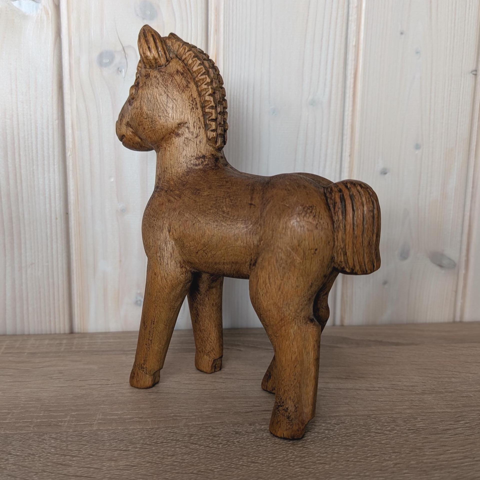 Vintage Unique Hand-Carved Wooden Horse Figurine, Scandinavian Folk Art Style, 1950s–1970s Rustic Decor