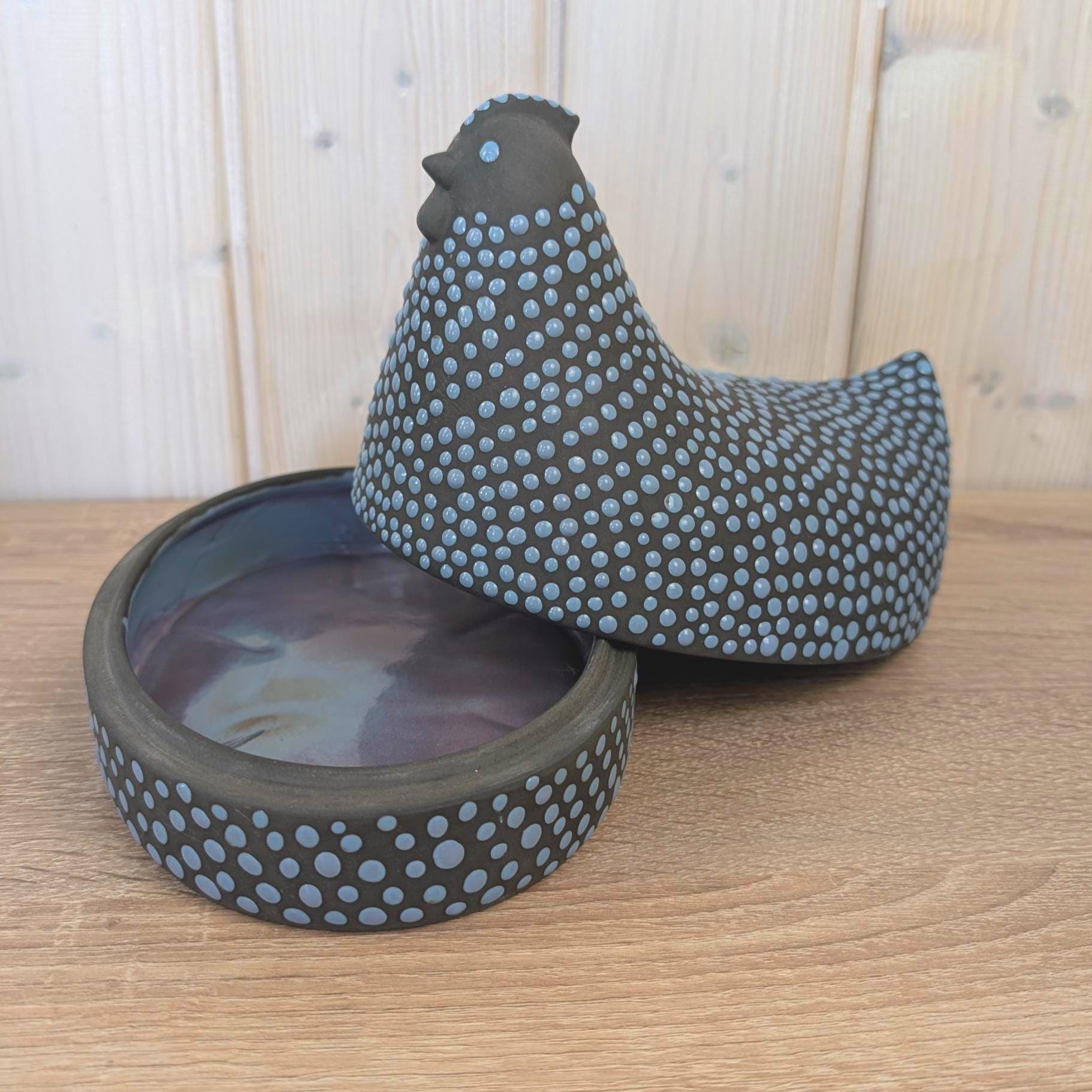 Kaarina Aho Munakana Arabia Finland, Rare Ceramic Hen Box, Dark Black Blue Dots, Blue Interior Glaze, Mid-Century Finnish Design, 1950s
