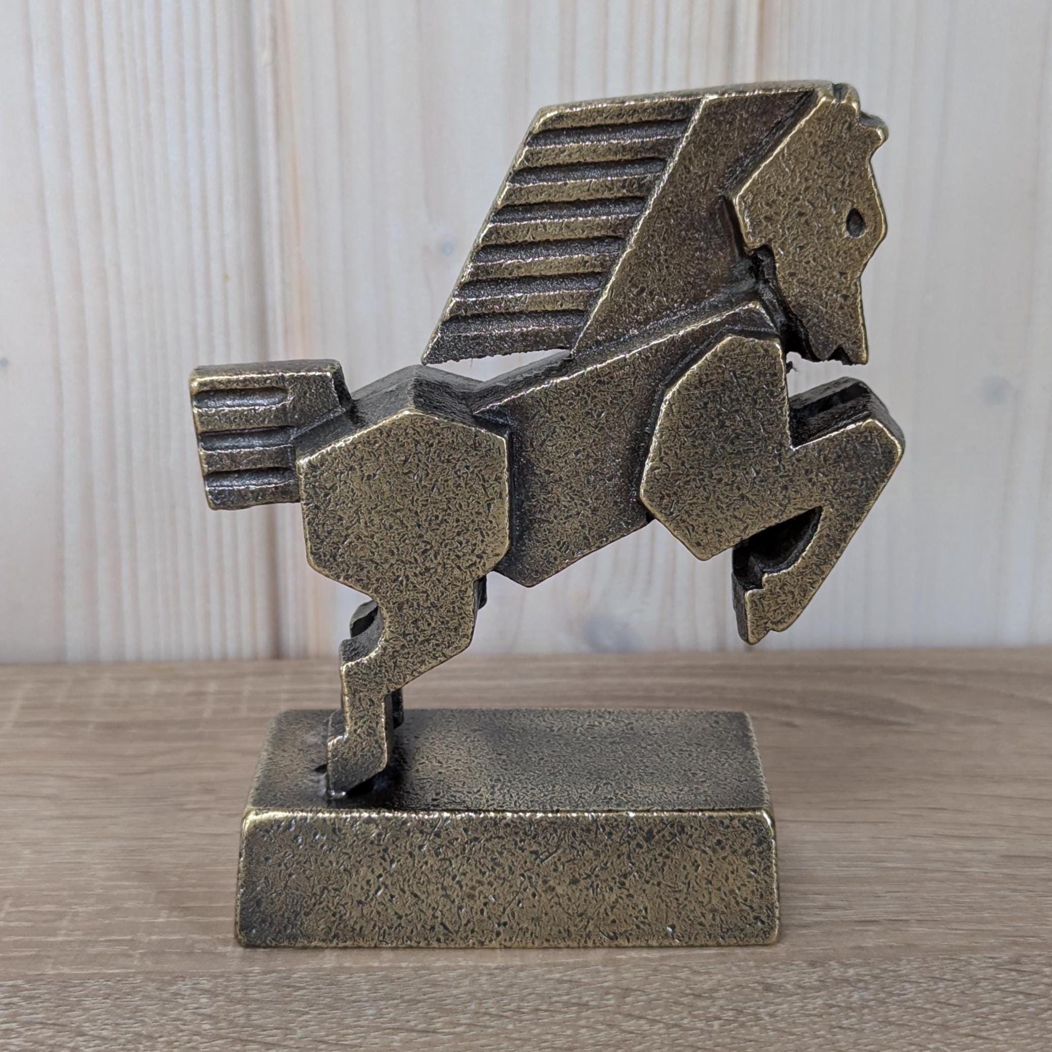 Vintage Bronze Rearing Horse Sculpture, Modernist Geometric Design, 1980s Corporate Award